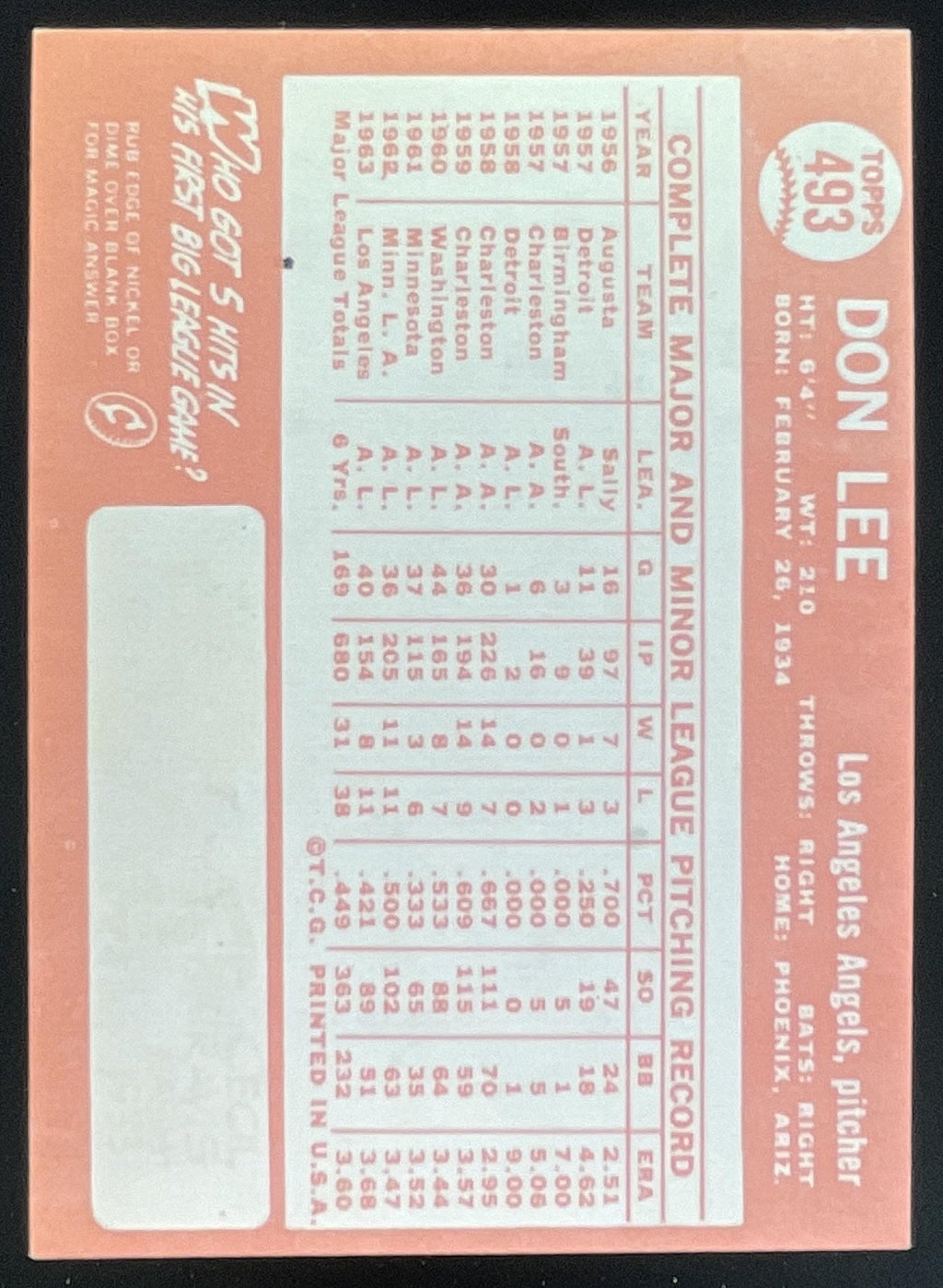 1964 Topps #493 Don Lee product image 2, provided for visual reference and product detail review