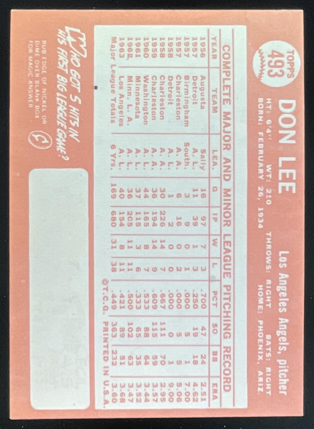 1964 Topps #493 Don Lee product image 2, provided for visual reference and product detail review