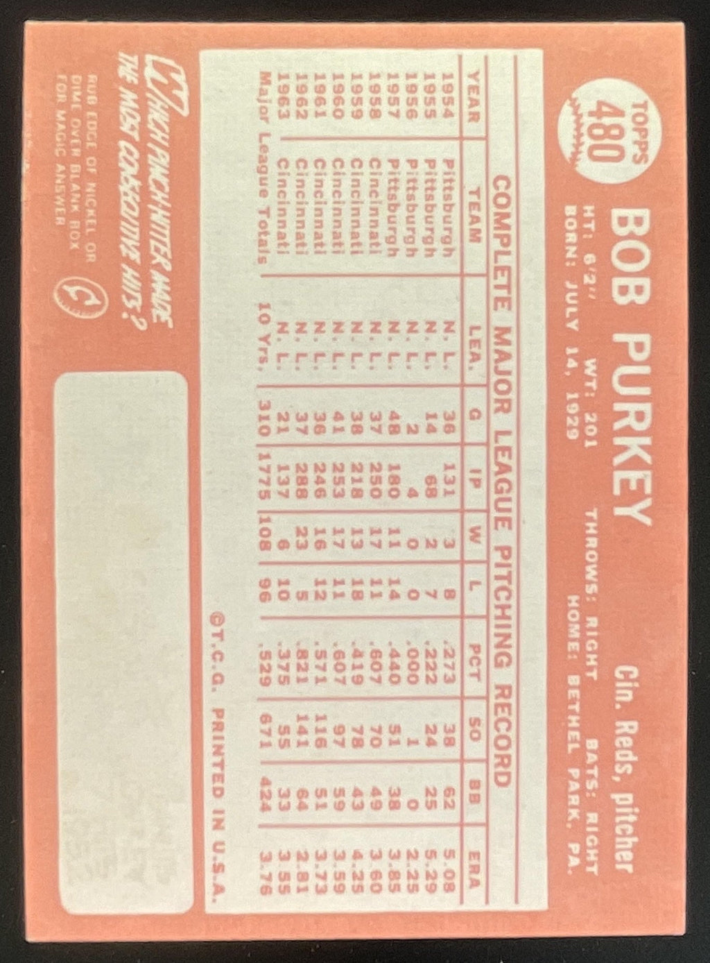 1964 Topps #480 Bob Purkey product image 2, provided for visual reference and product detail review