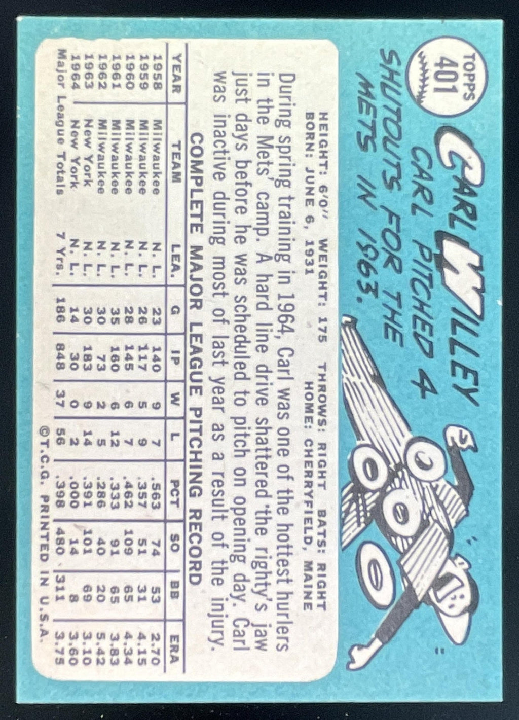 1965 Topps #401 Carl Willey product image 2, provided for visual reference and product detail review