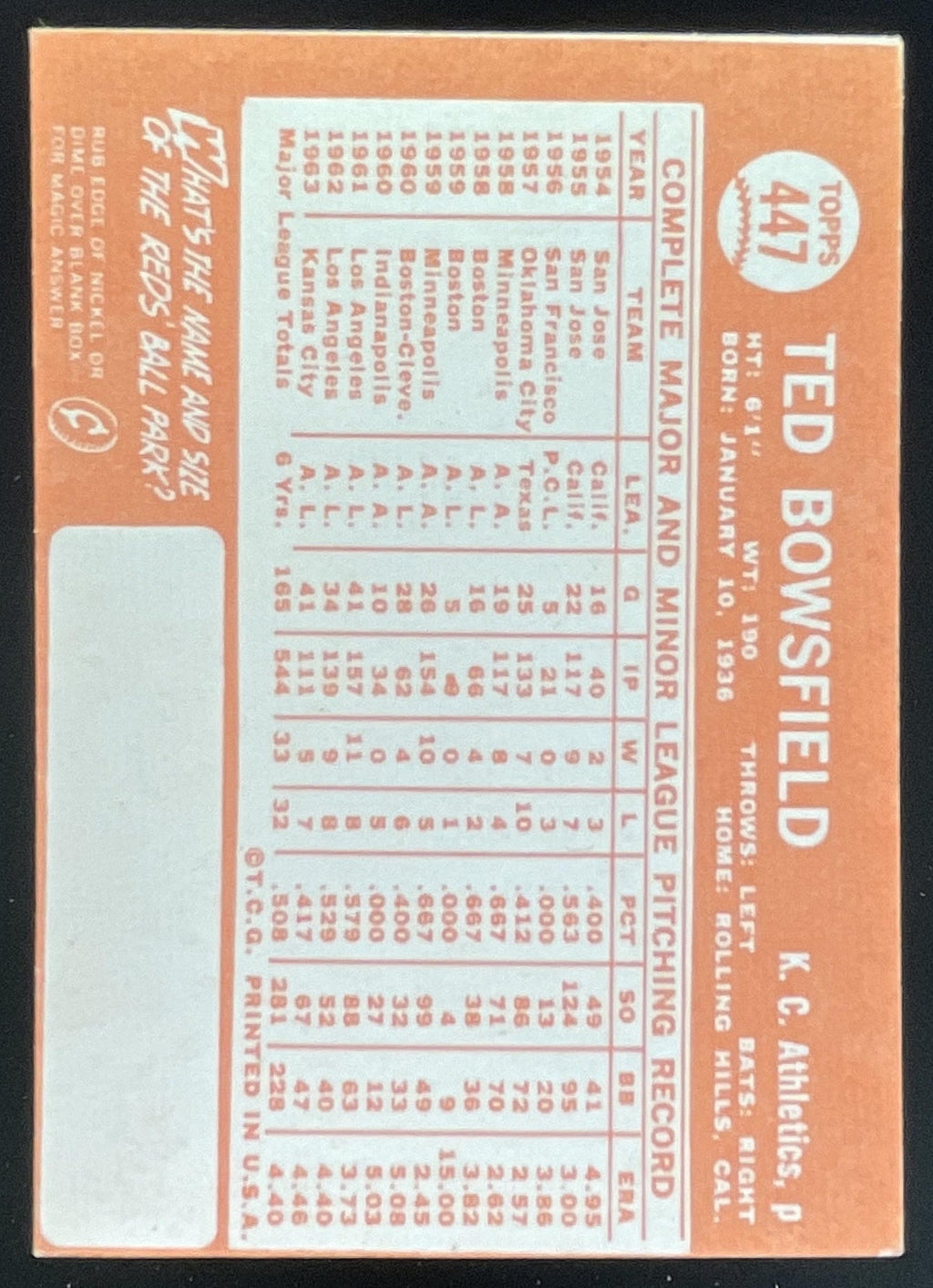 1964 Topps #447 Ted Bowsfield product image 2, provided for visual reference and product detail review