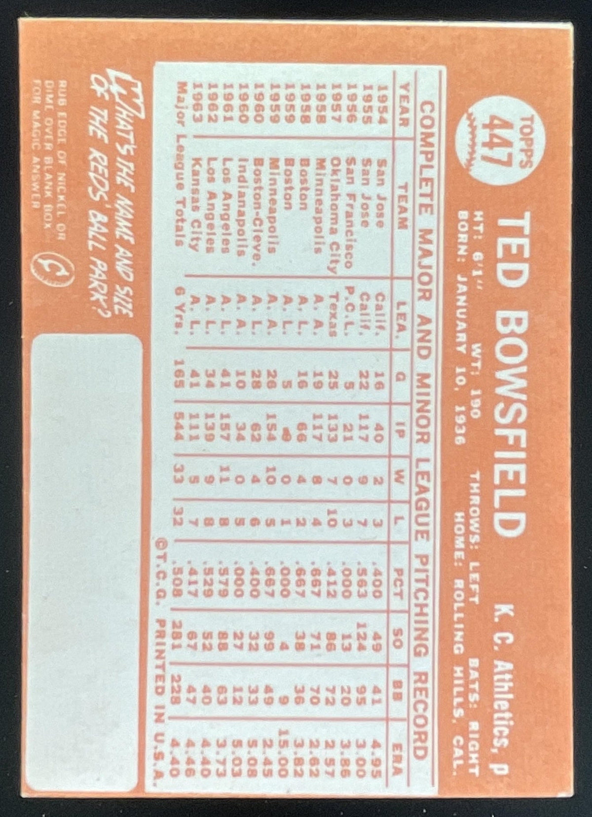 1964 Topps #447 Ted Bowsfield product image 2, provided for visual reference and product detail review