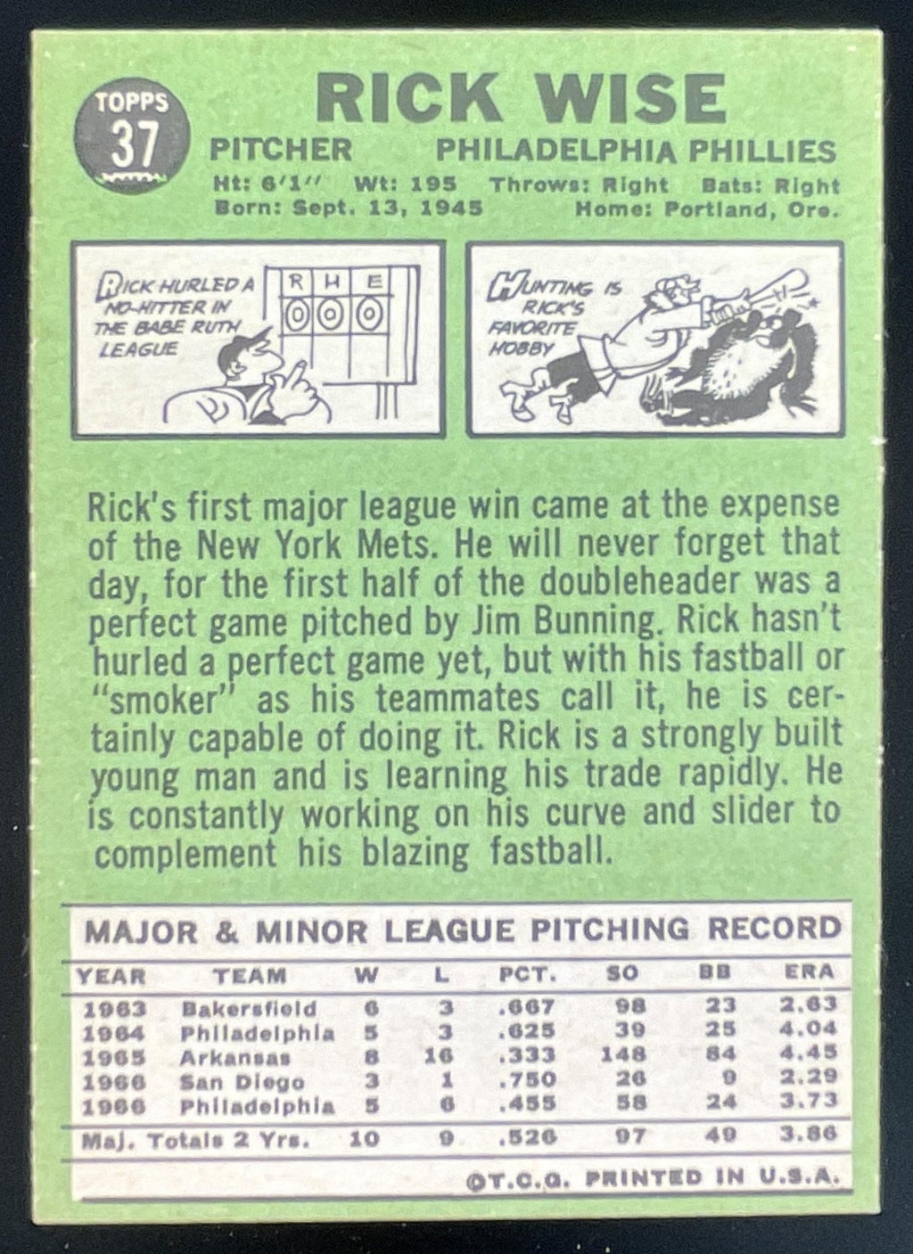 1967 Topps #37 Rick Wise product image 2, provided for visual reference and product detail review