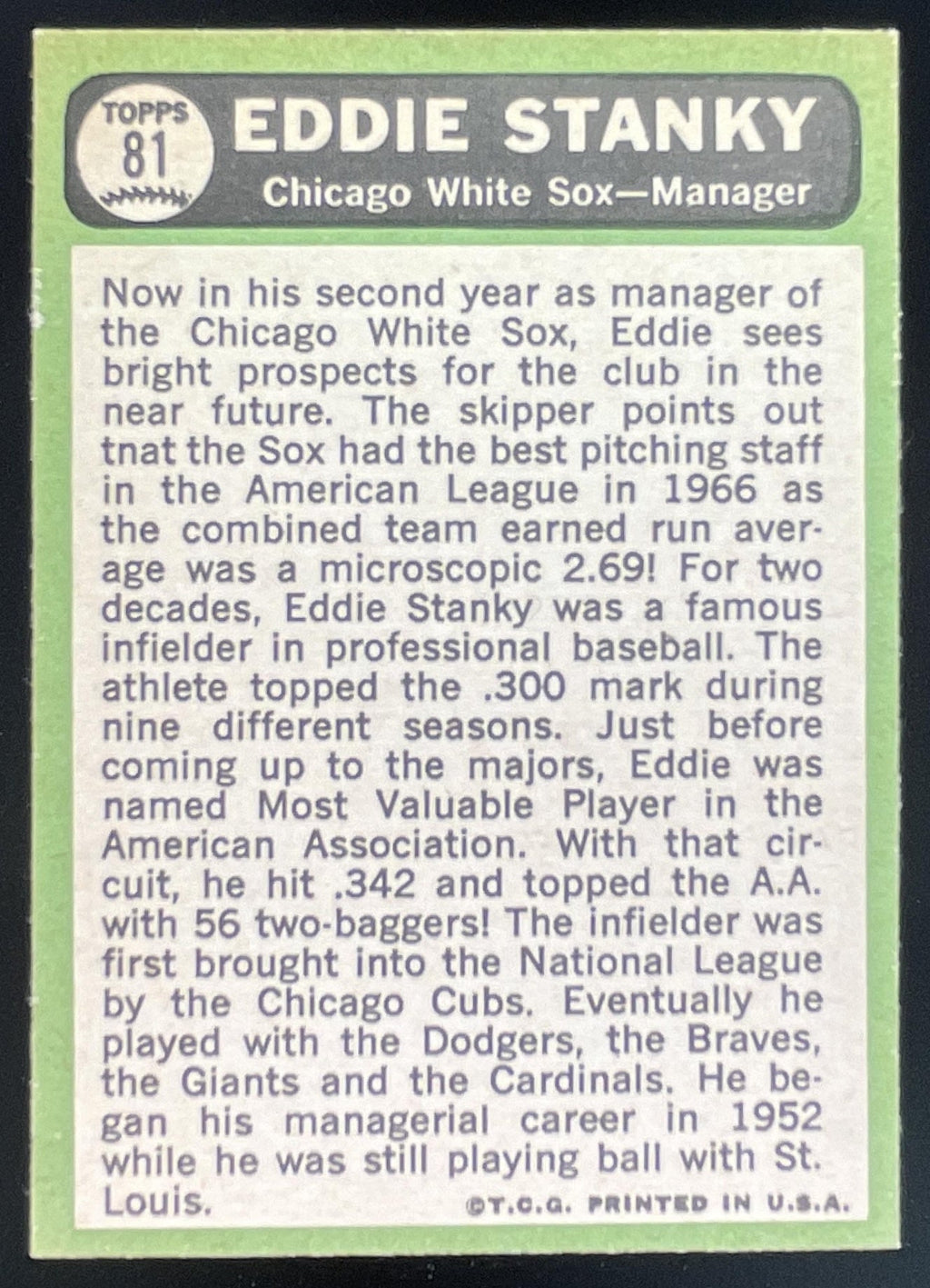 1967 Topps #81 Eddie Stanky product image 2, provided for visual reference and product detail review