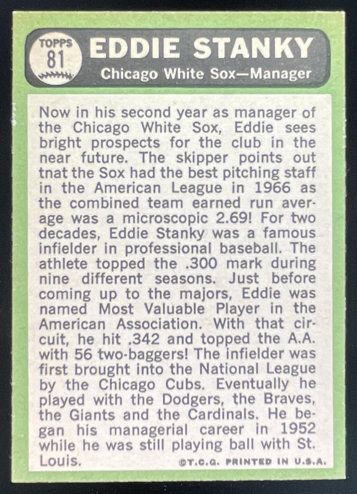 1967 Topps #81 Eddie Stanky product image 2, provided for visual reference and product detail review