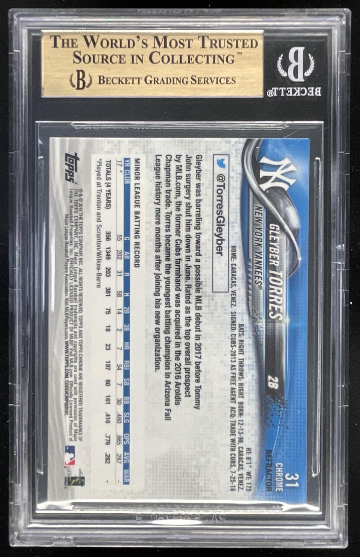 2018 Topps Chrome Refractor #31 Gleyber Torres RC BGS 9.5 product image 2, provided for visual reference and product detail
