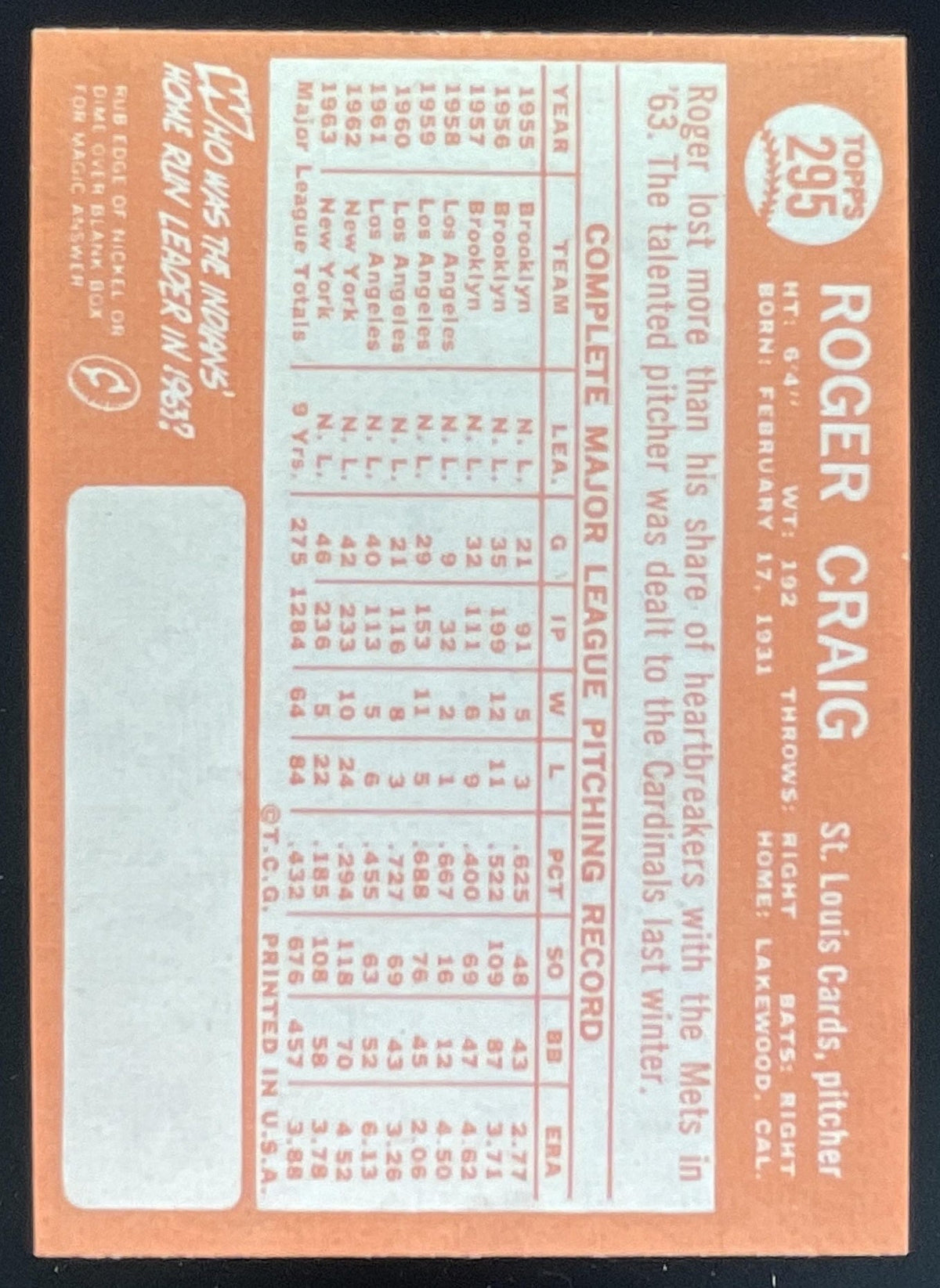 1964 Topps #295 Roger Craig product image 2, provided for visual reference and product detail review