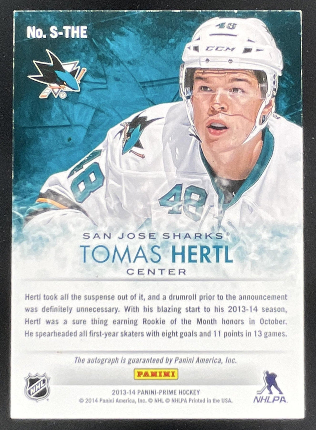 2013-14 Panini Prime Signatures #S-THE Tomas Hertl Autograph RC Auto /99 product image 2, provided for visual reference and