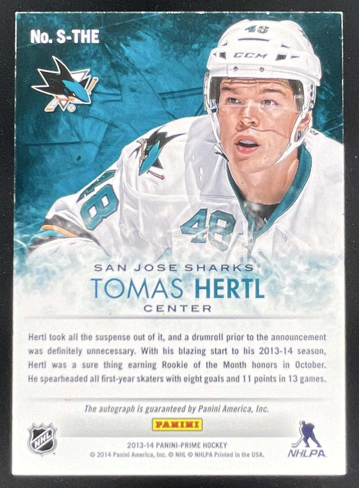 2013-14 Panini Prime Signatures #S-THE Tomas Hertl Autograph RC Auto /99 product image 2, provided for visual reference and