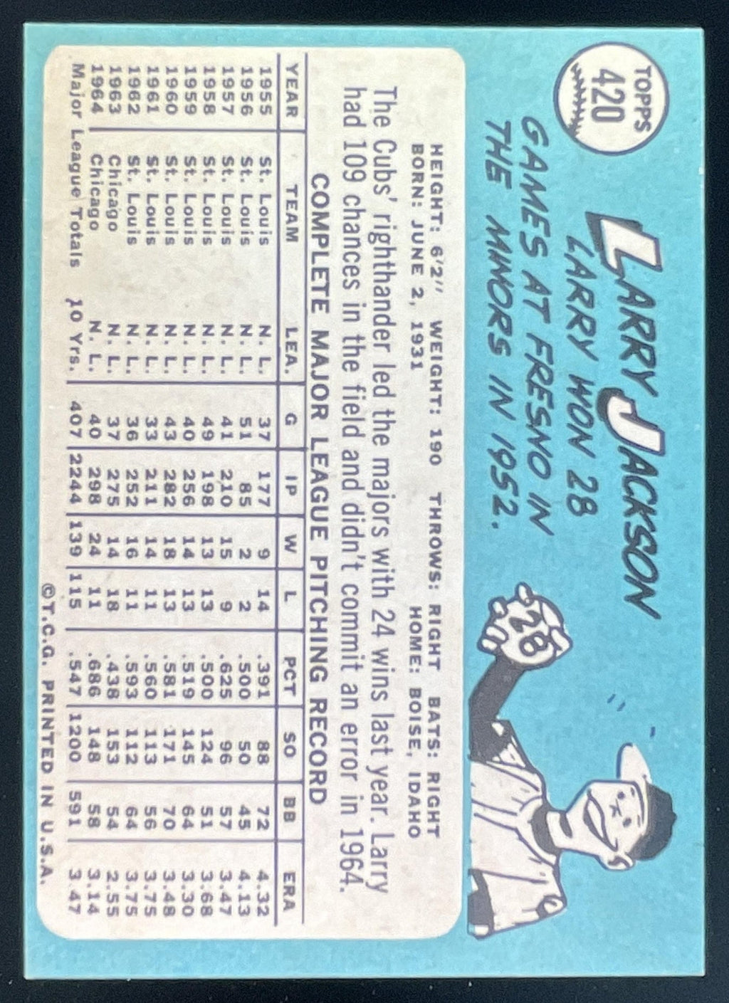 1965 Topps #420 Larry Jackson product image 2, provided for visual reference and product detail review