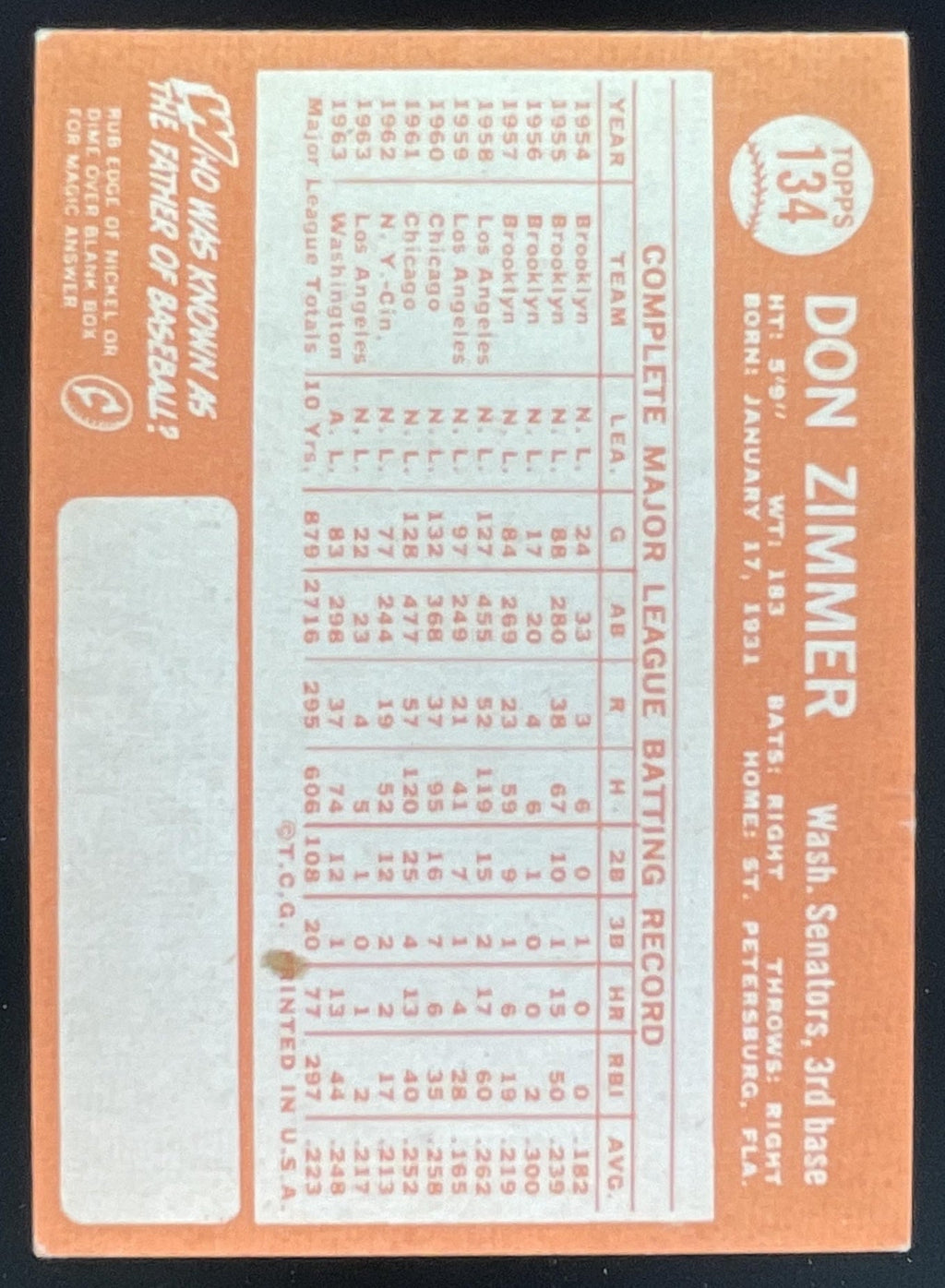 1964 Topps #134 Don Zimmer product image 2, provided for visual reference and product detail review