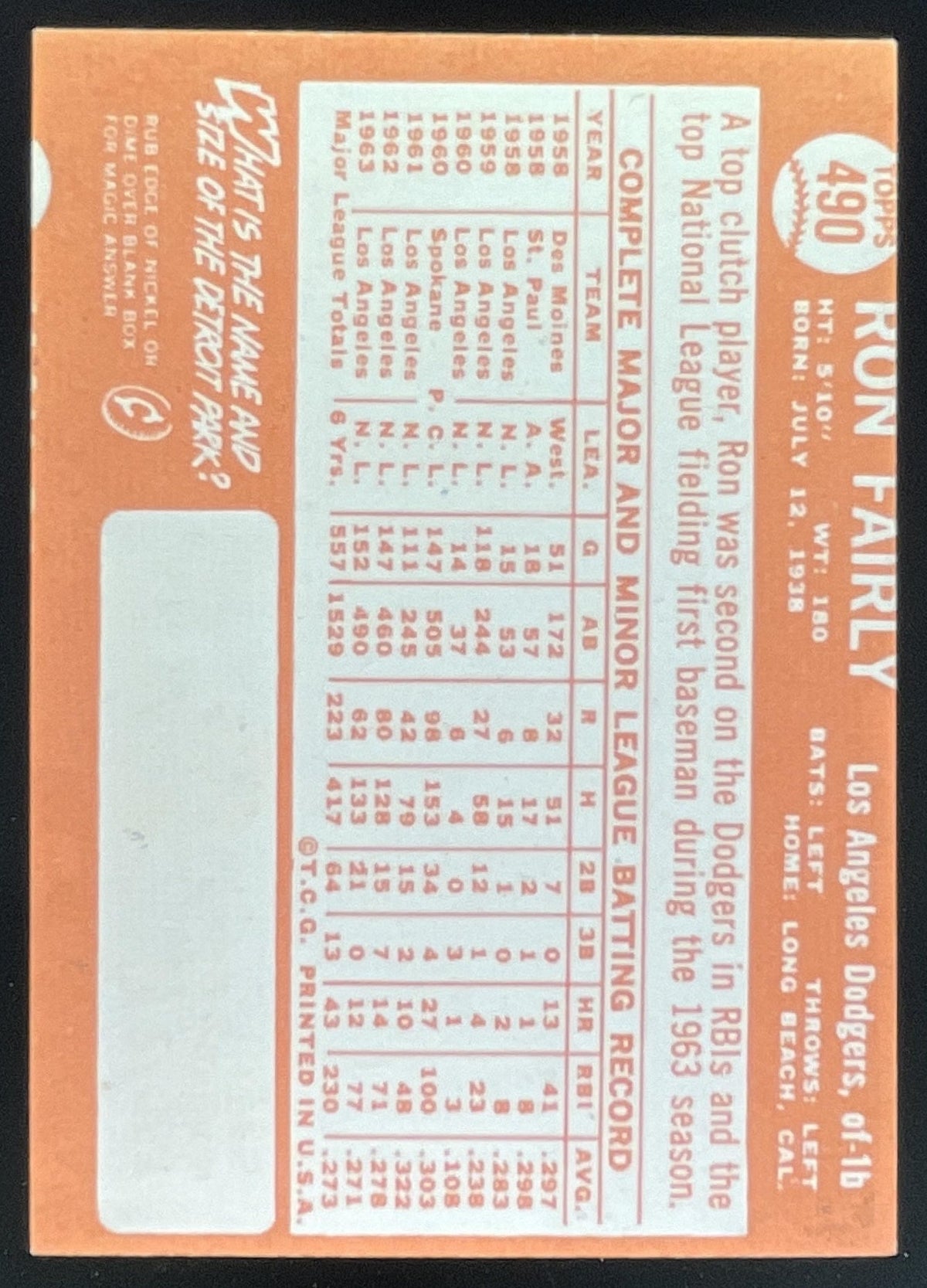 1964 Topps #490 Ron Fairly product image 2, provided for visual reference and product detail review