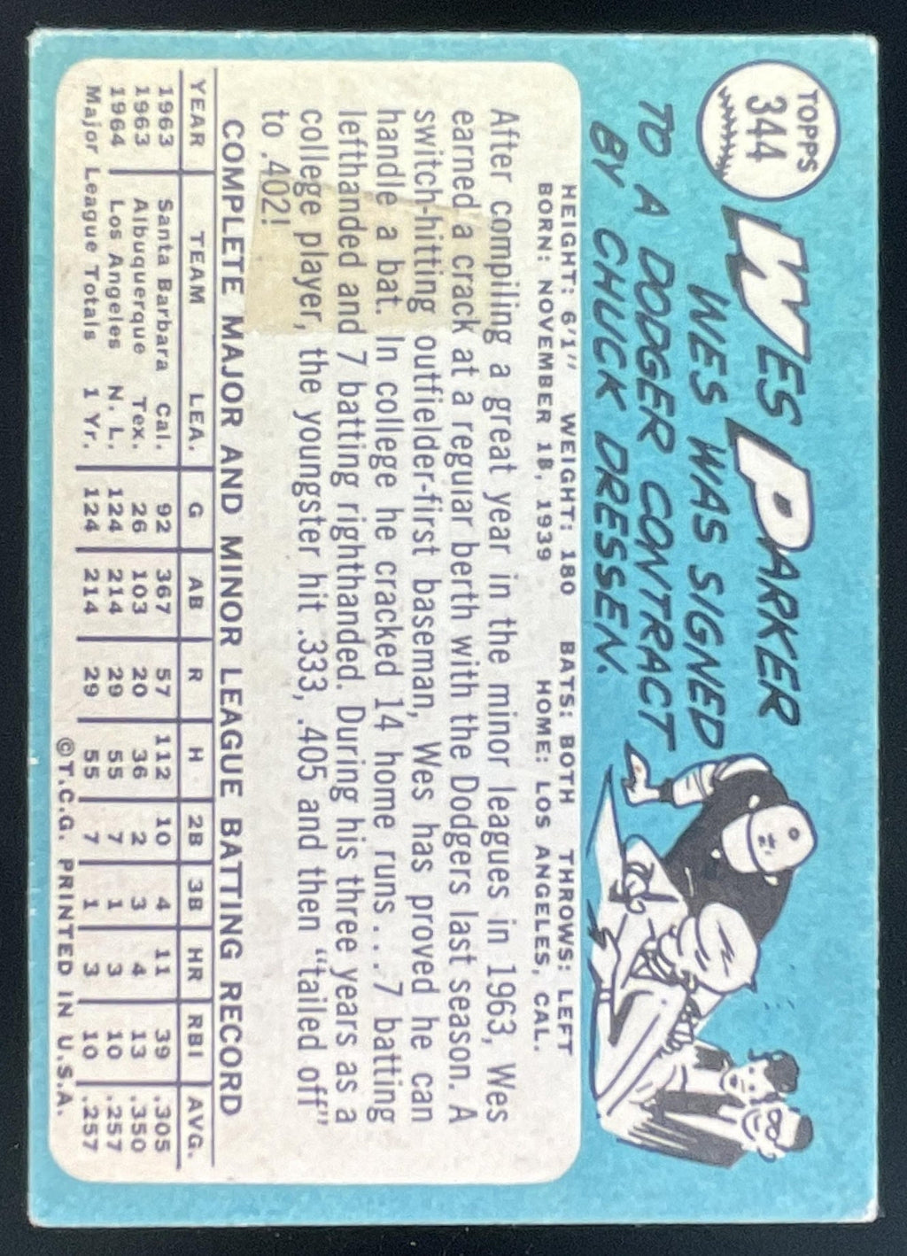 1965 Topps #344 Wes Parker product image 2, provided for visual reference and product detail review