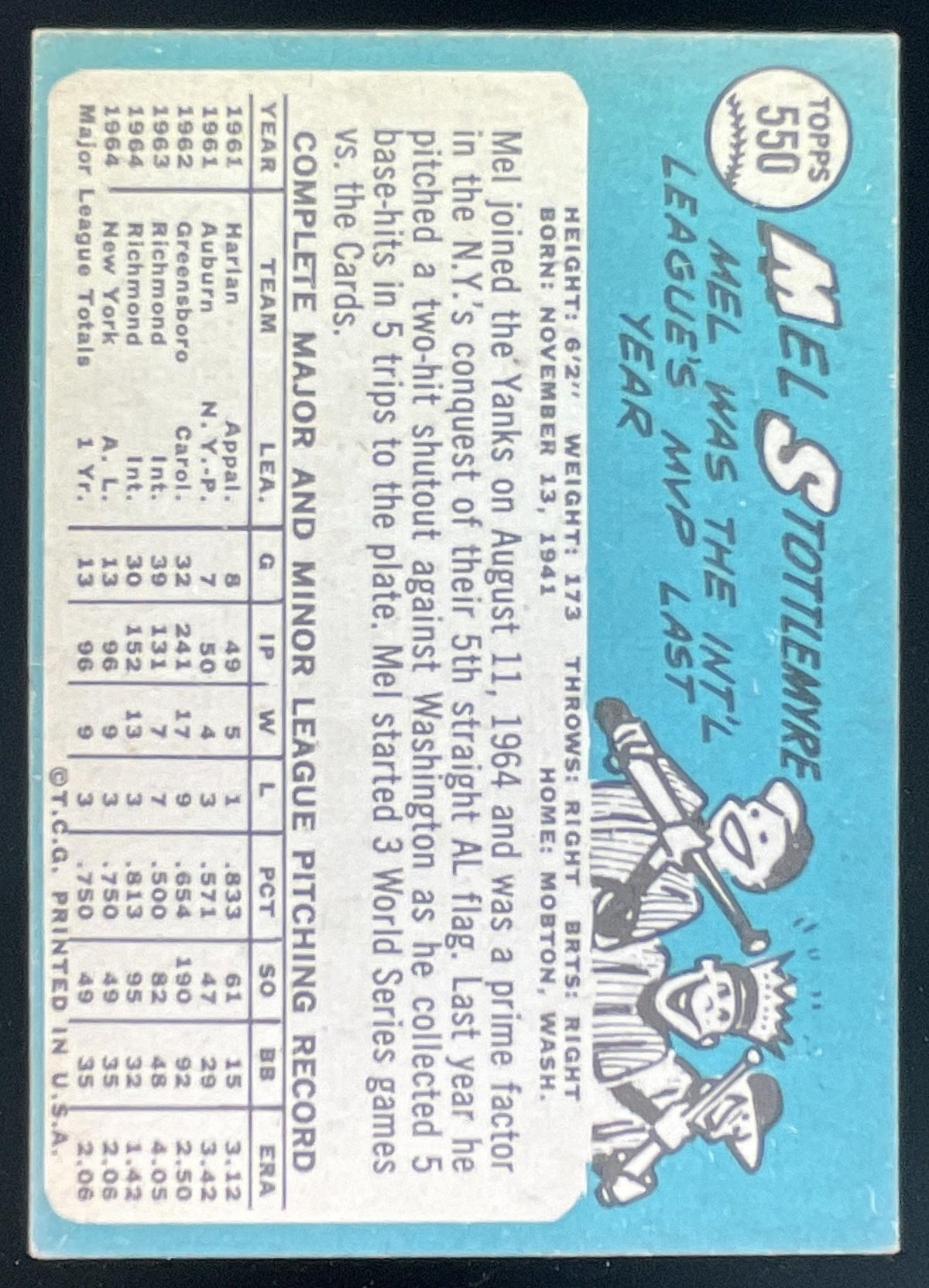 1965 Topps #550 Mel Stottlemyre RC product image 2, provided for visual reference and product detail review
