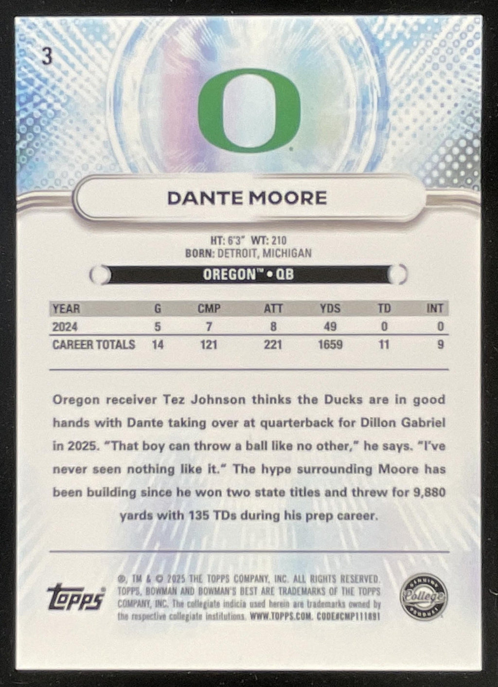 2025 Bowman Best University Yellow Lazer Refractor #3 Dante Moore /250 product image 2, provided for visual reference and