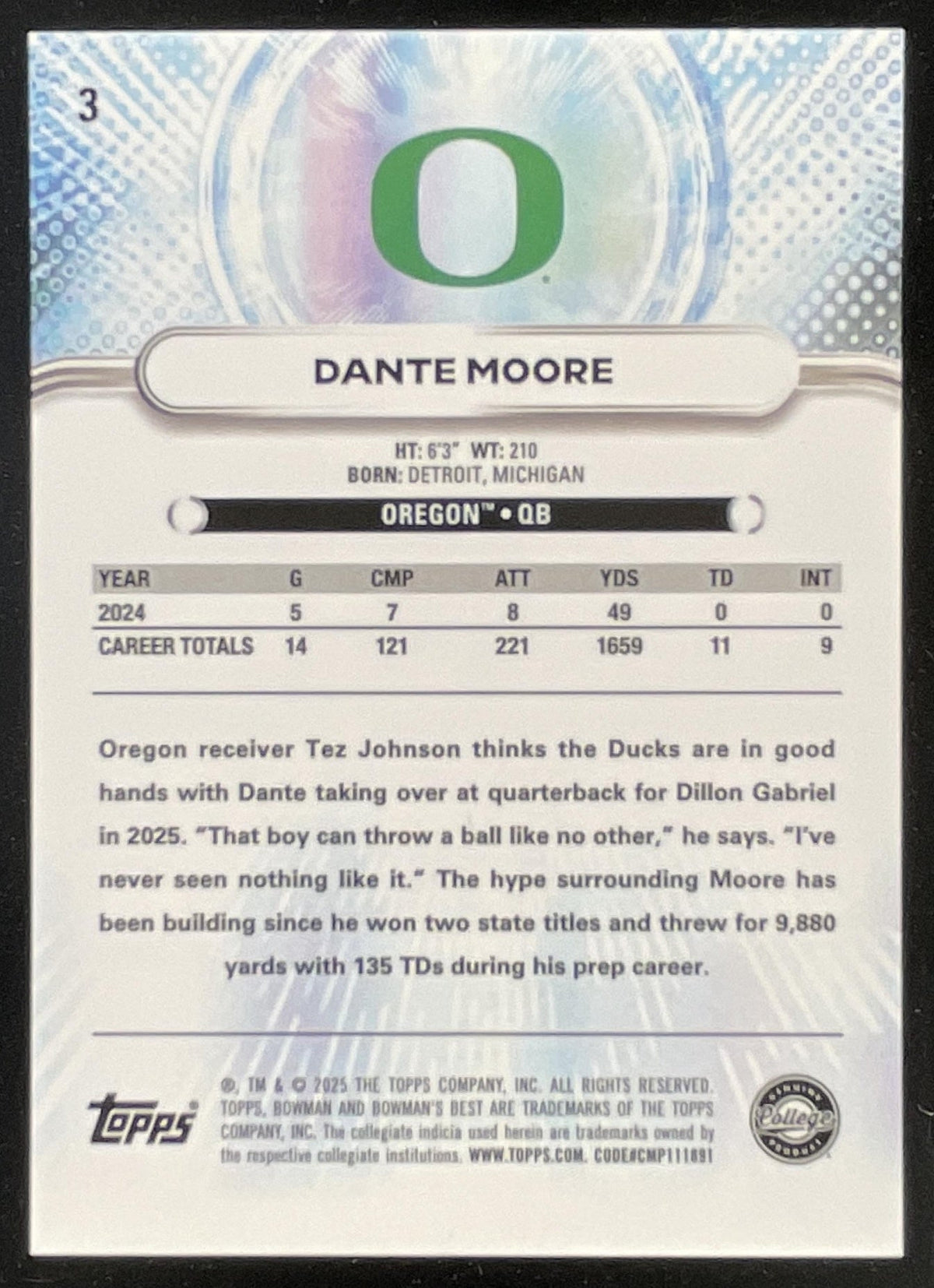 2025 Bowman Best University Yellow Lazer Refractor #3 Dante Moore /250 product image 2, provided for visual reference and