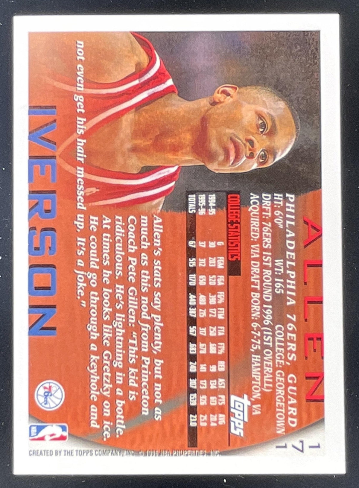 1996-97 Topps #171 Allen Iverson RC product image 2, provided for visual reference and product detail review