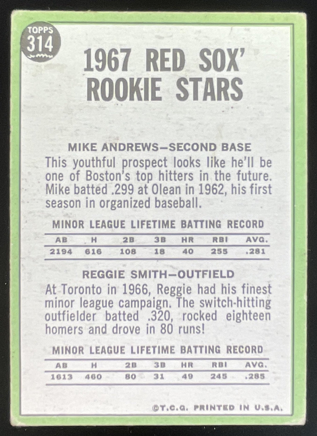 1967 Topps #314 Red Sox 1967 Rookie Stars Mike Andrews Reggie Smith RS, RC product image 2, provided for visual reference