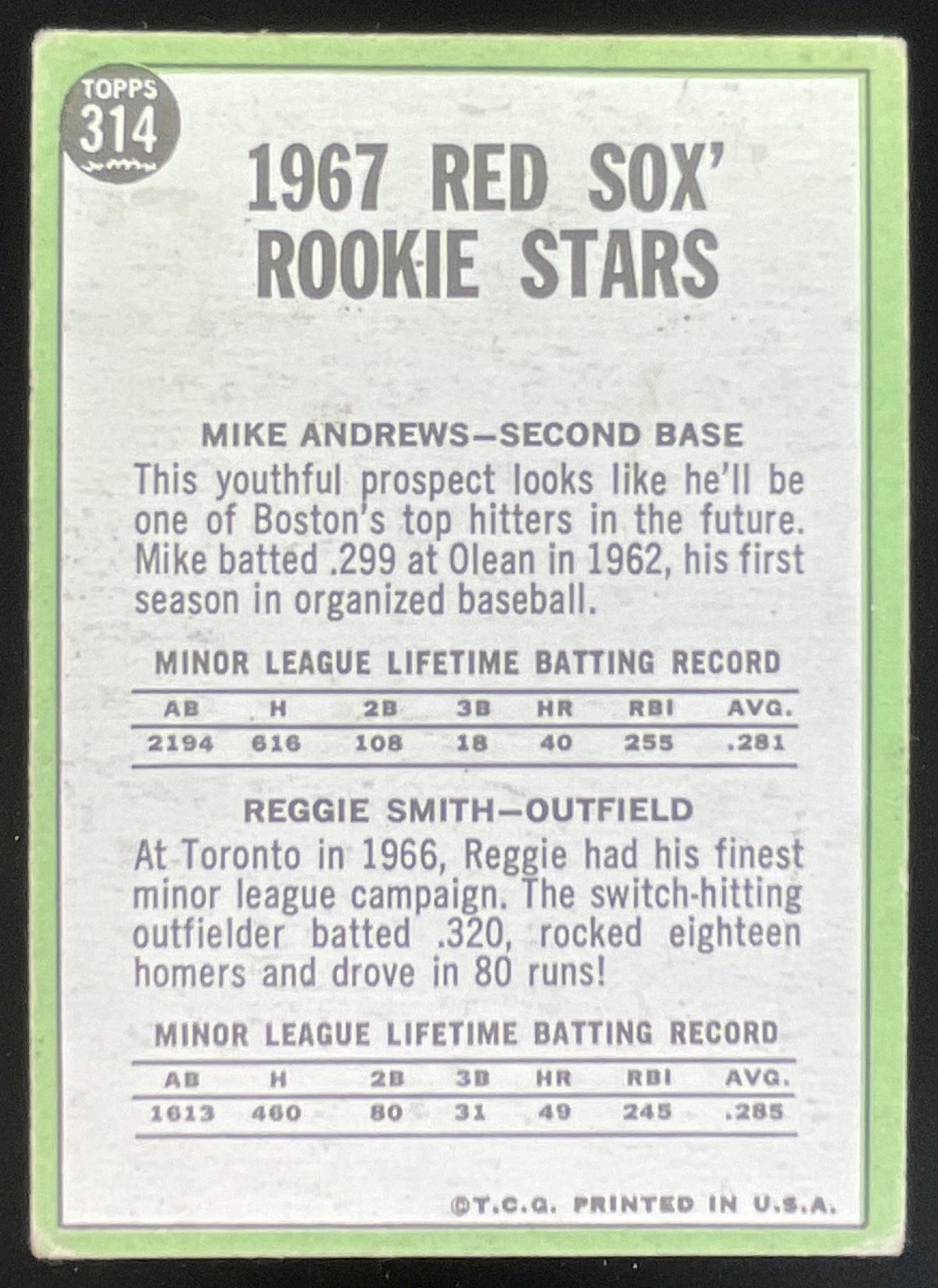 1967 Topps #314 Red Sox 1967 Rookie Stars Mike Andrews Reggie Smith RS, RC product image 2, provided for visual reference
