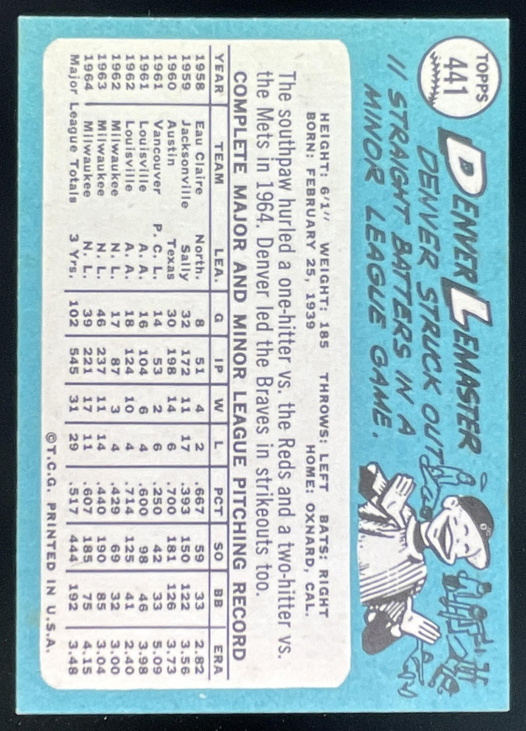 1965 Topps #441 Denver Lemaster product image 2, provided for visual reference and product detail review
