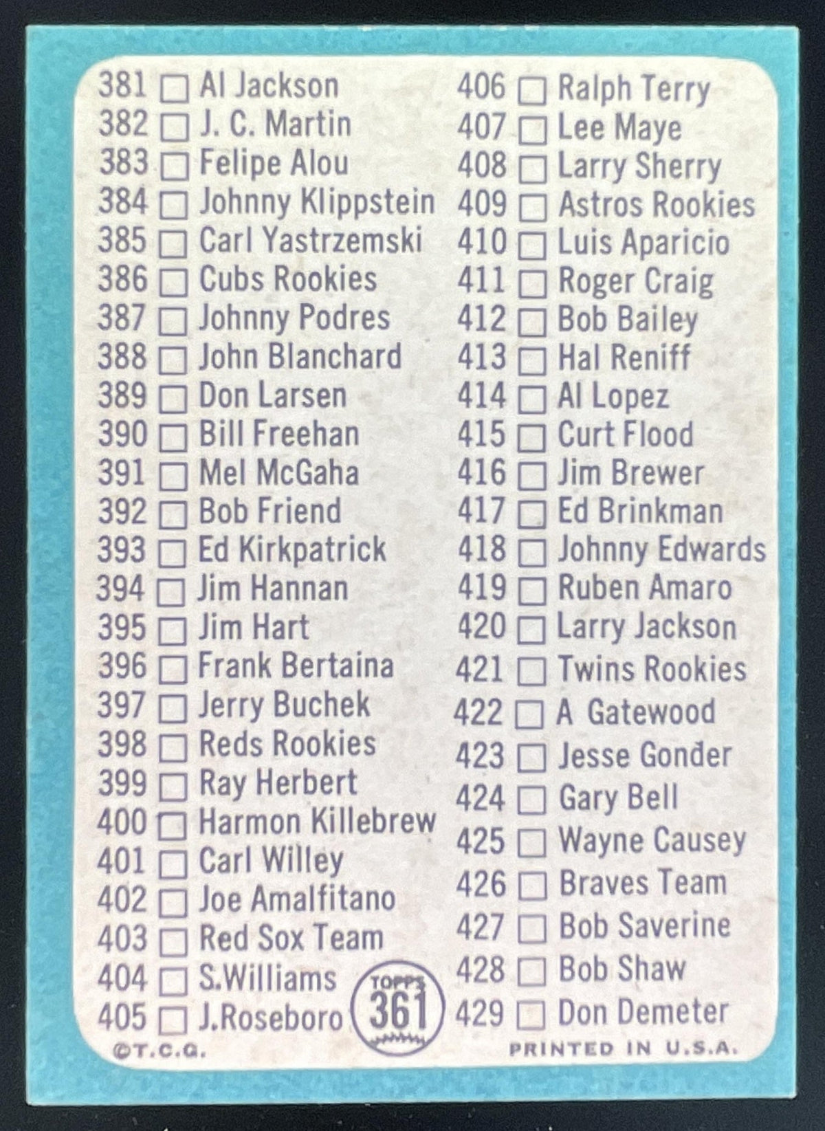 1965 Topps #361 5th Series Checklist: 353-429 product image 2, provided for visual reference and product detail review