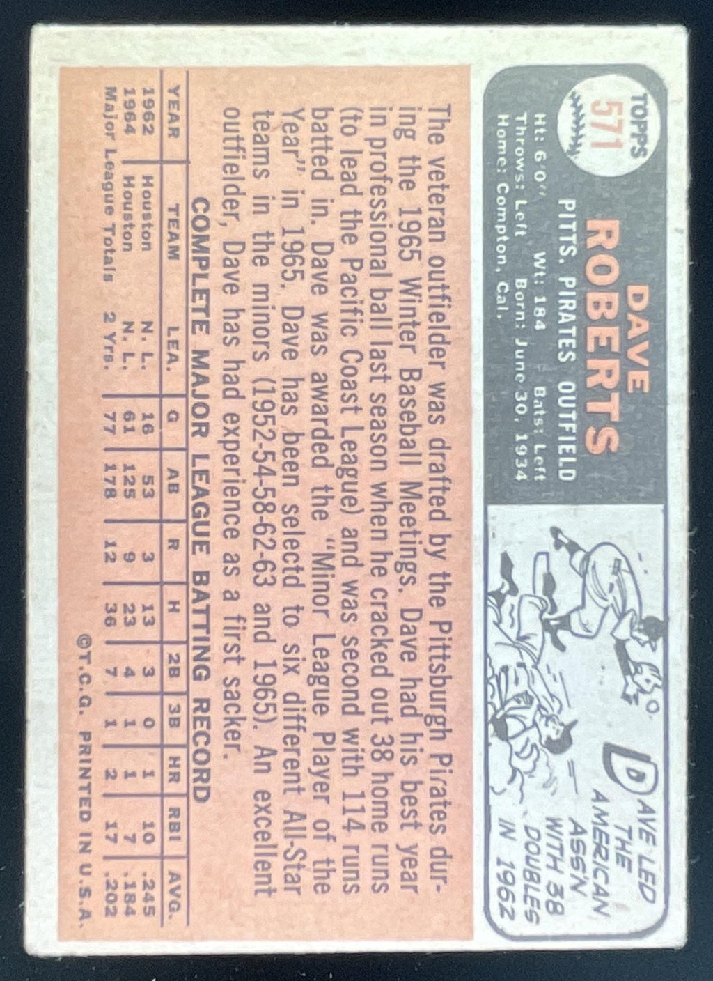 1966 Topps #571 Dave Roberts product image 2, provided for visual reference and product detail review
