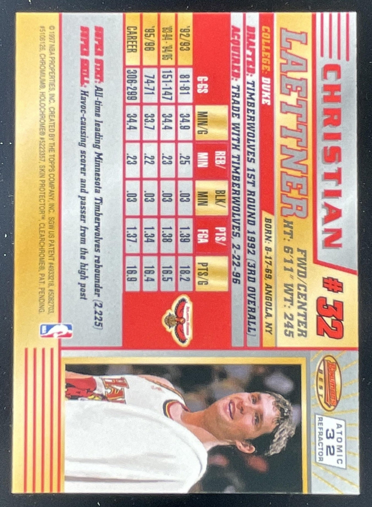 1996-97 Bowman's Best Atomic Refractors #32 Christian Laettner product image 2, provided for visual reference and product