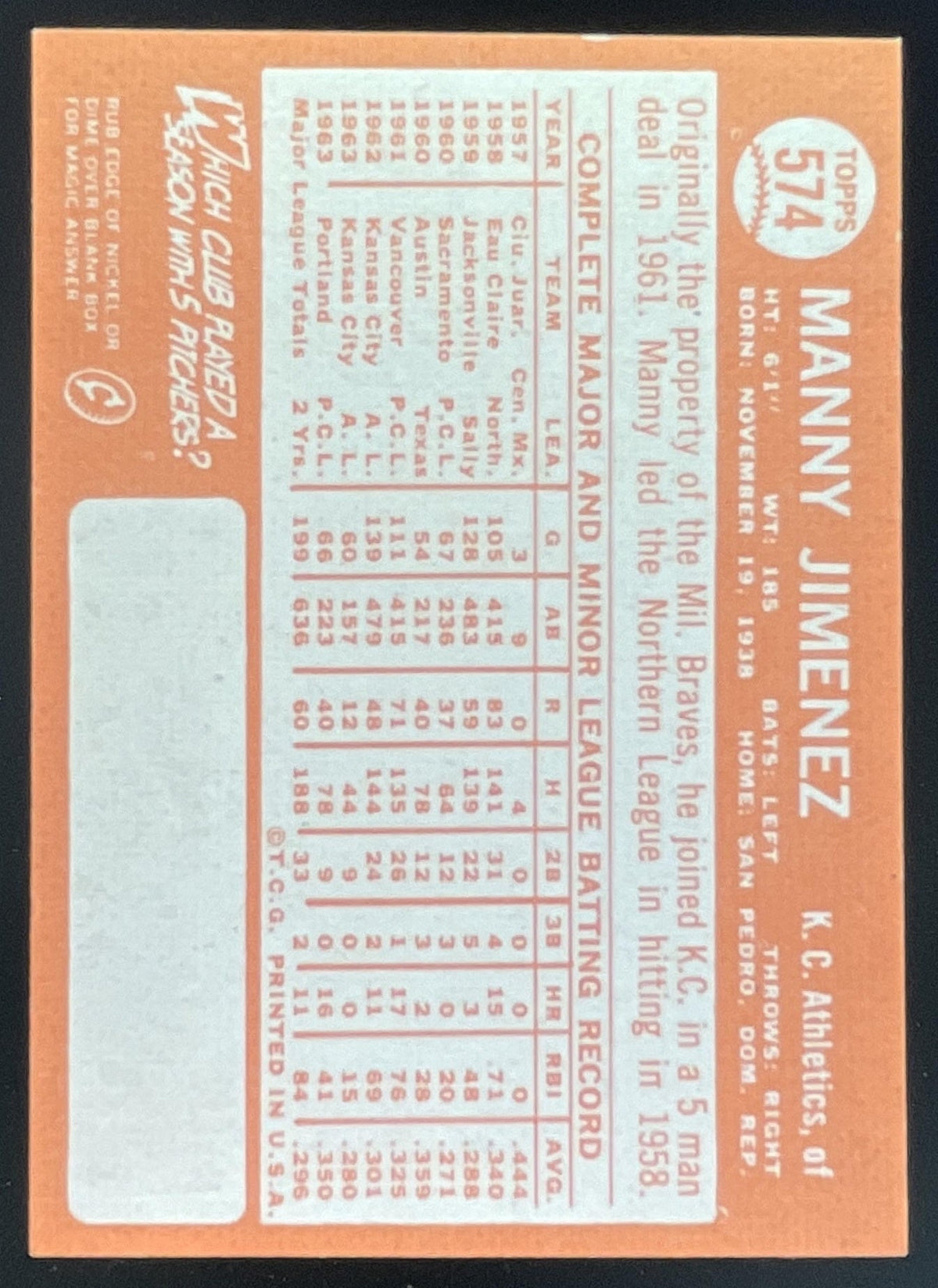 1964 Topps #574 Manny Jimenez product image 2, provided for visual reference and product detail review