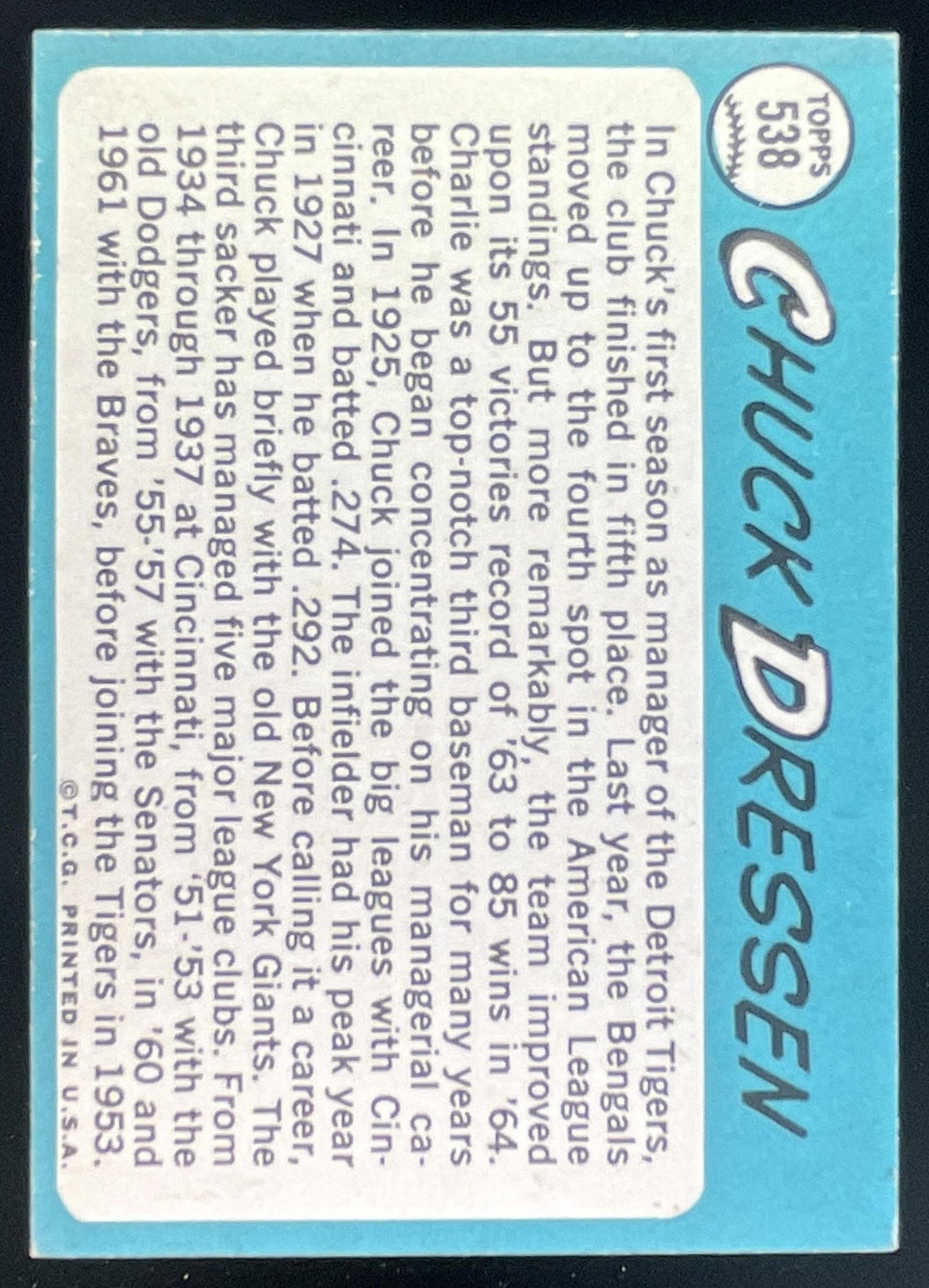 1965 Topps #538 Chuck Dressen product image 2, provided for visual reference and product detail review
