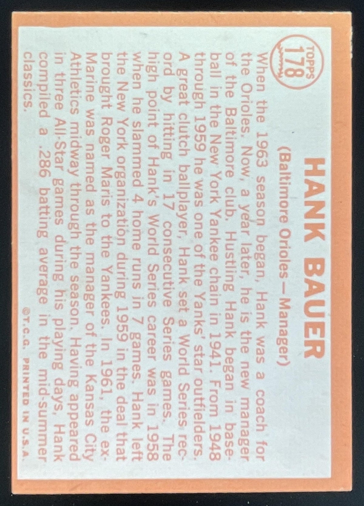1964 Topps #178 Hank Bauer product image 2, provided for visual reference and product detail review