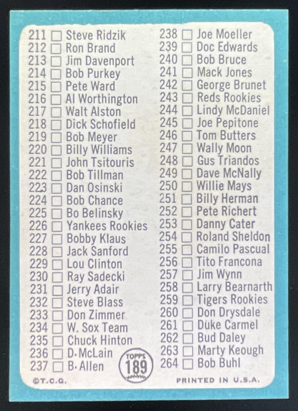 1965 Topps #189 3rd Series Checklist: 177-264 product image 2, provided for visual reference and product detail review