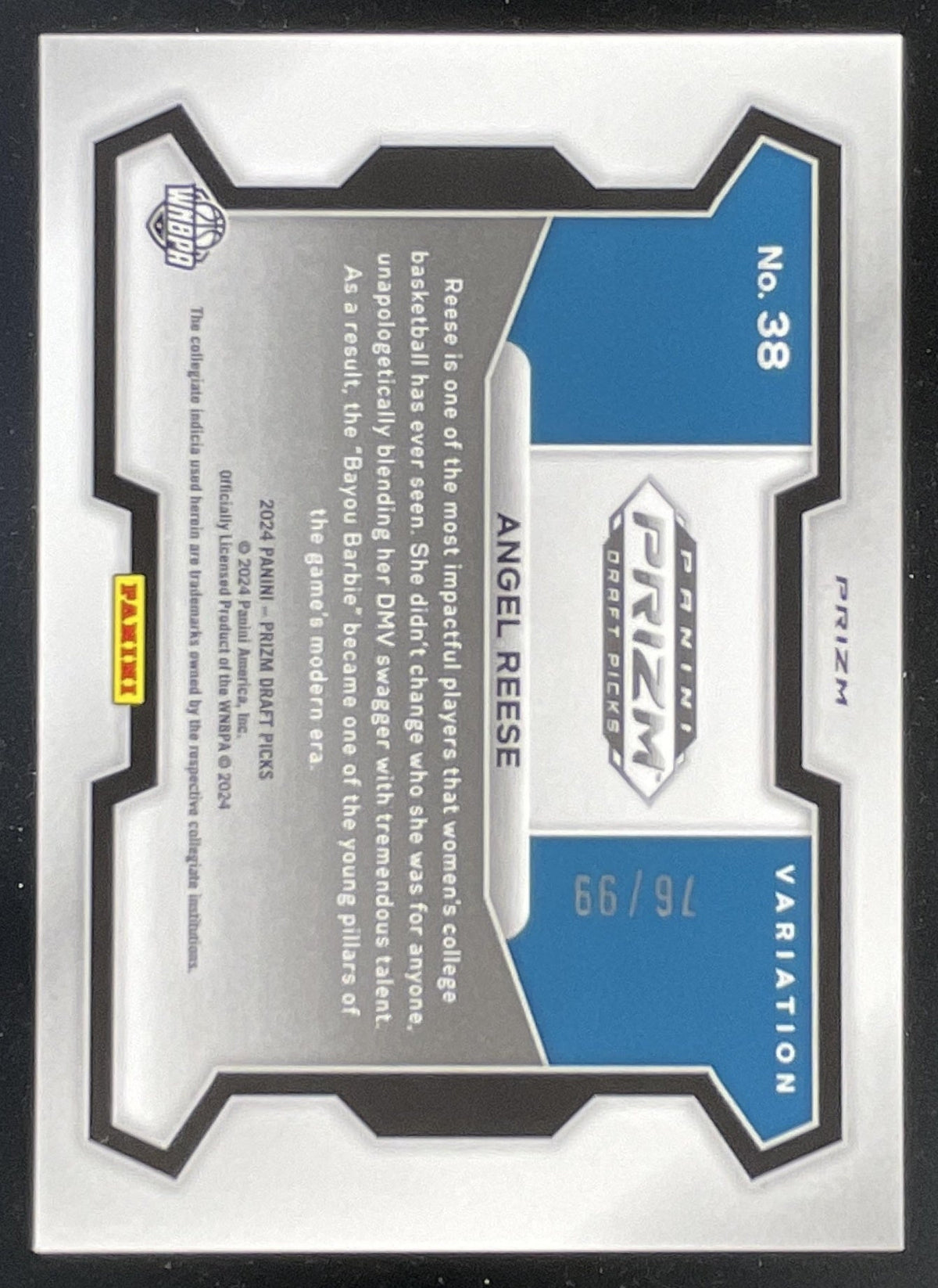 2024 Panini Prizm Draft Picks Collegiate Blue Ice Prizm #38 Angel Reese RC /99 product image 2, provided for visual