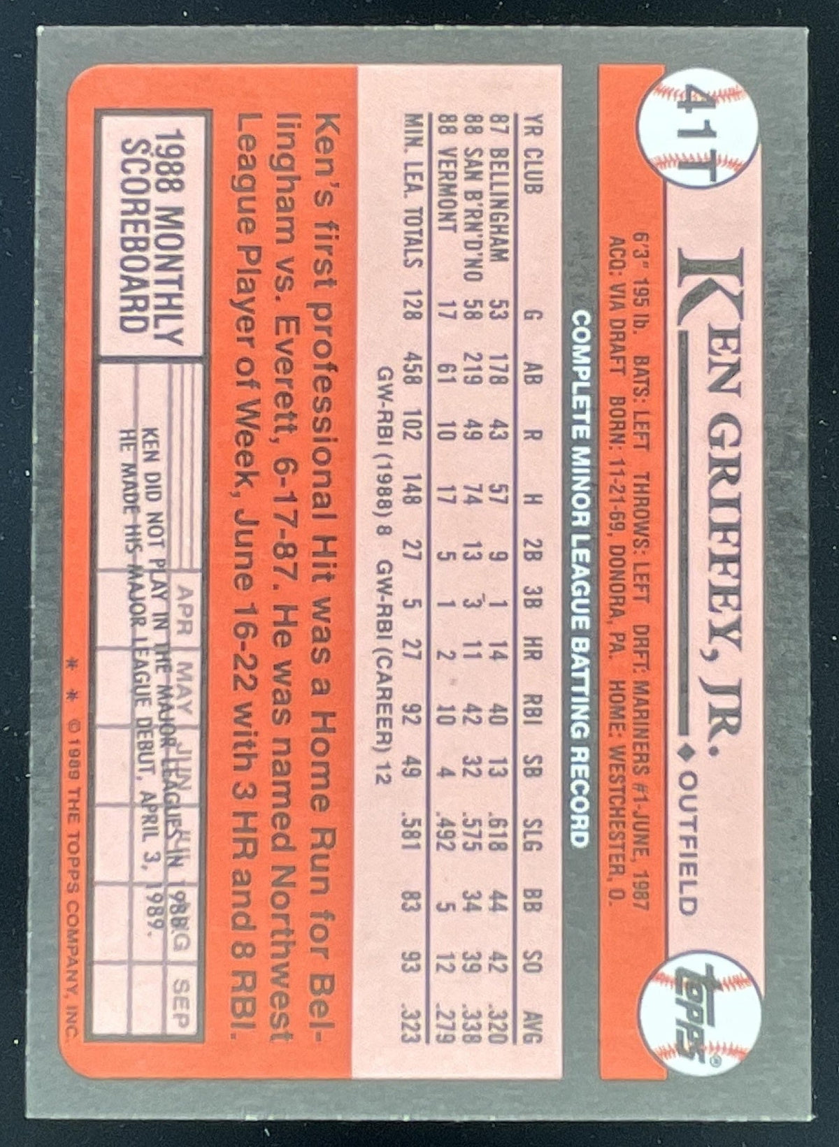 1989 Topps Traded #41T Ken Griffey, Jr. RC product image 2, provided for visual reference and product detail review
