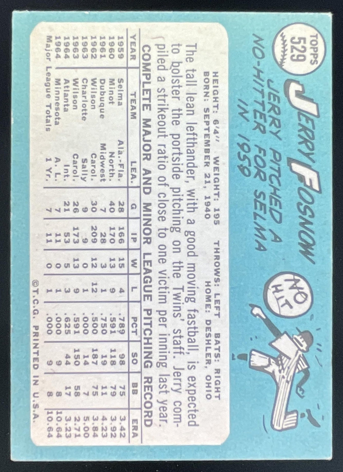 1965 Topps #529 Jerry Fosnow RC product image 2, provided for visual reference and product detail review