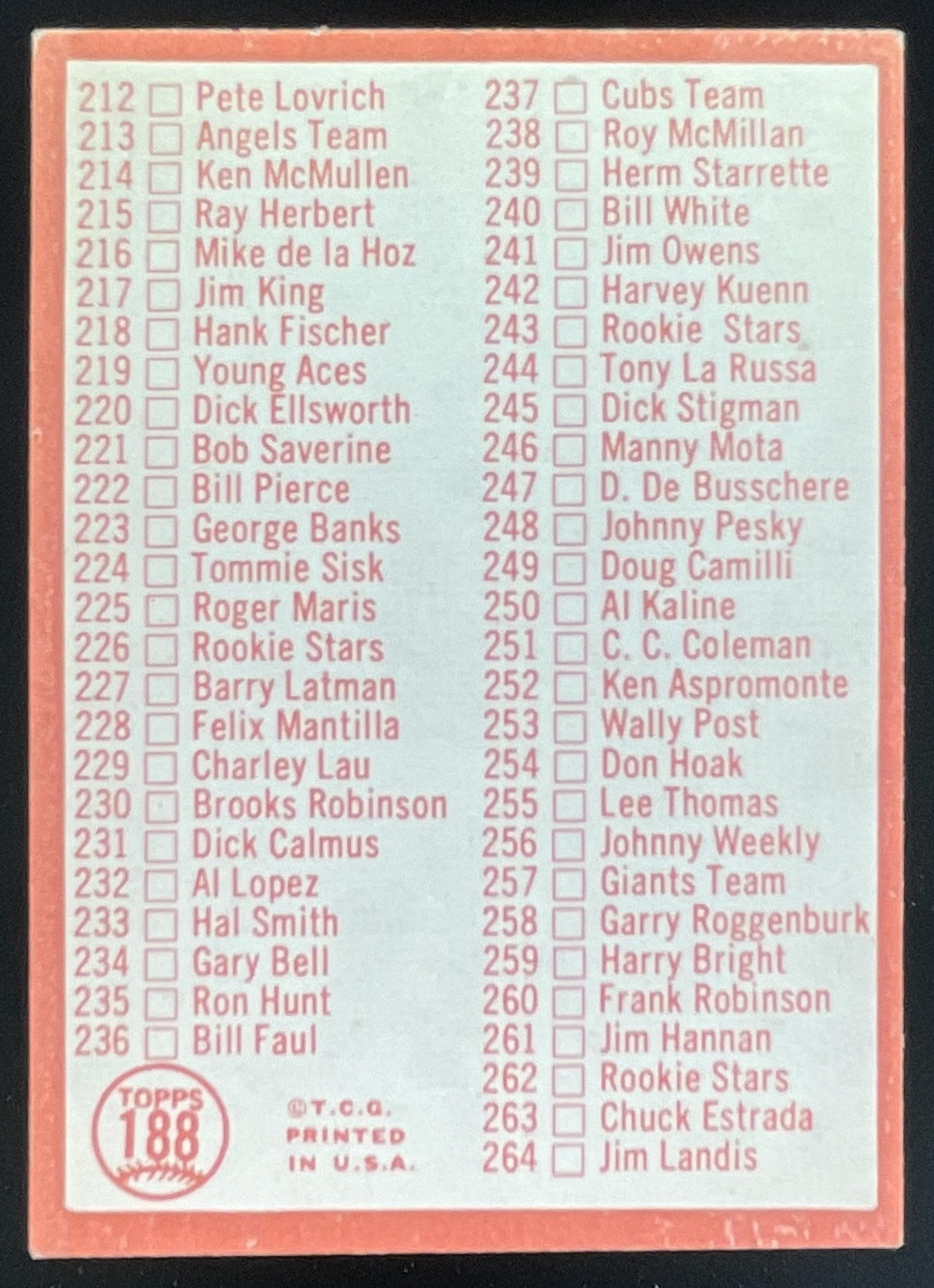 1964 Topps #188 3rd Series Checklist: 177-264 product image 2, provided for visual reference and product detail review