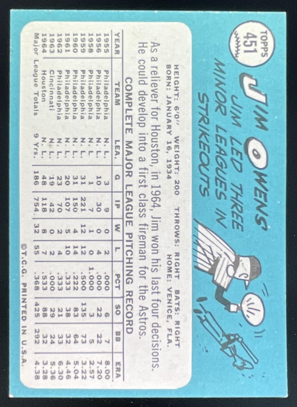 1965 Topps #451 Jim Owens product image 2, provided for visual reference and product detail review