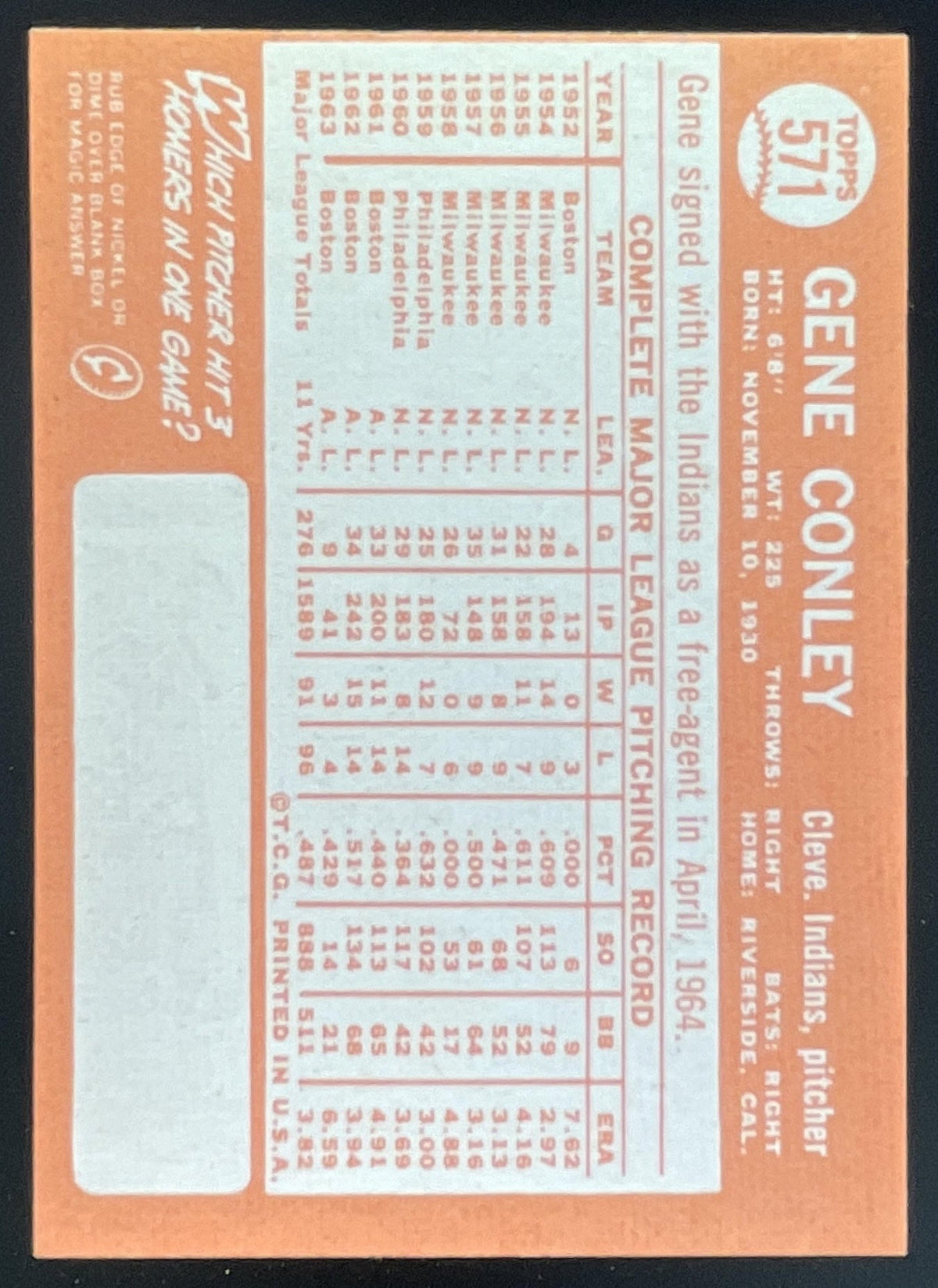 1964 Topps #571 Gene Conley product image 2, provided for visual reference and product detail review