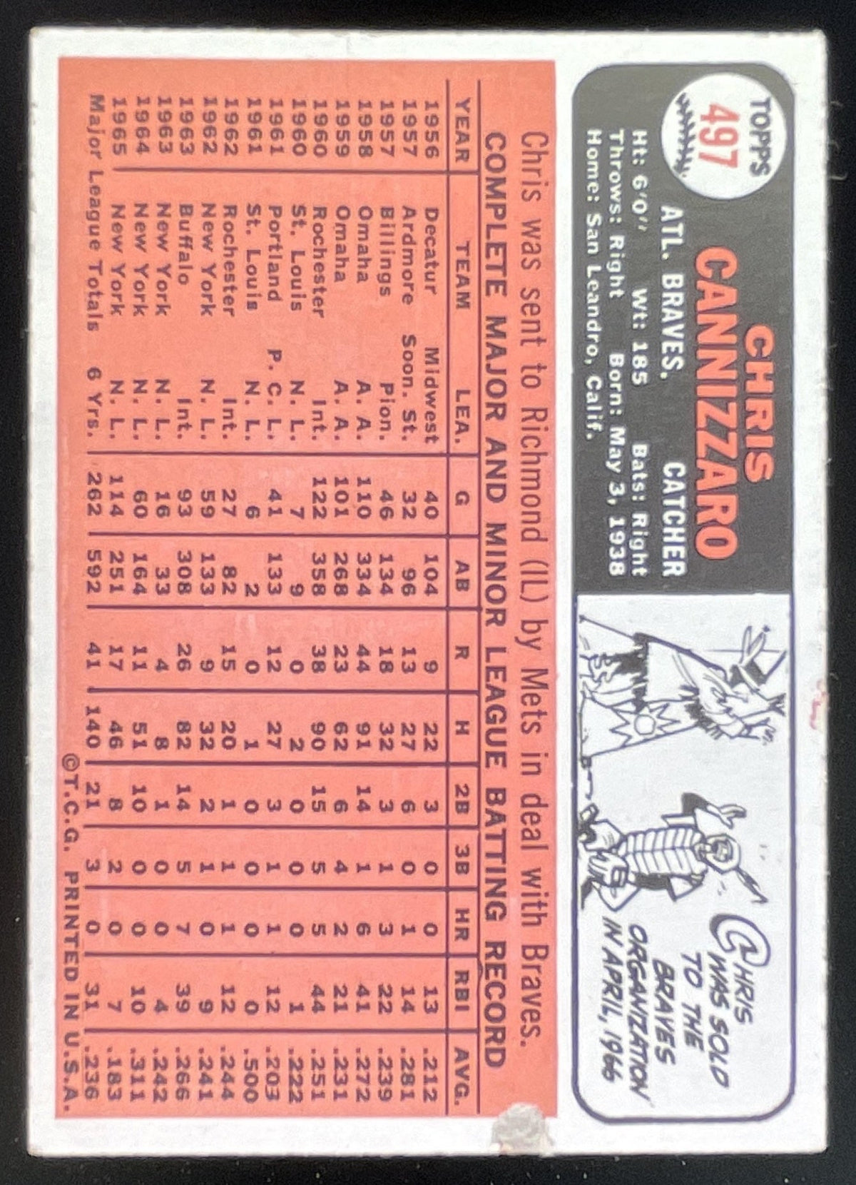 1966 Topps #497 Chris Cannizzaro product image 2, provided for visual reference and product detail review
