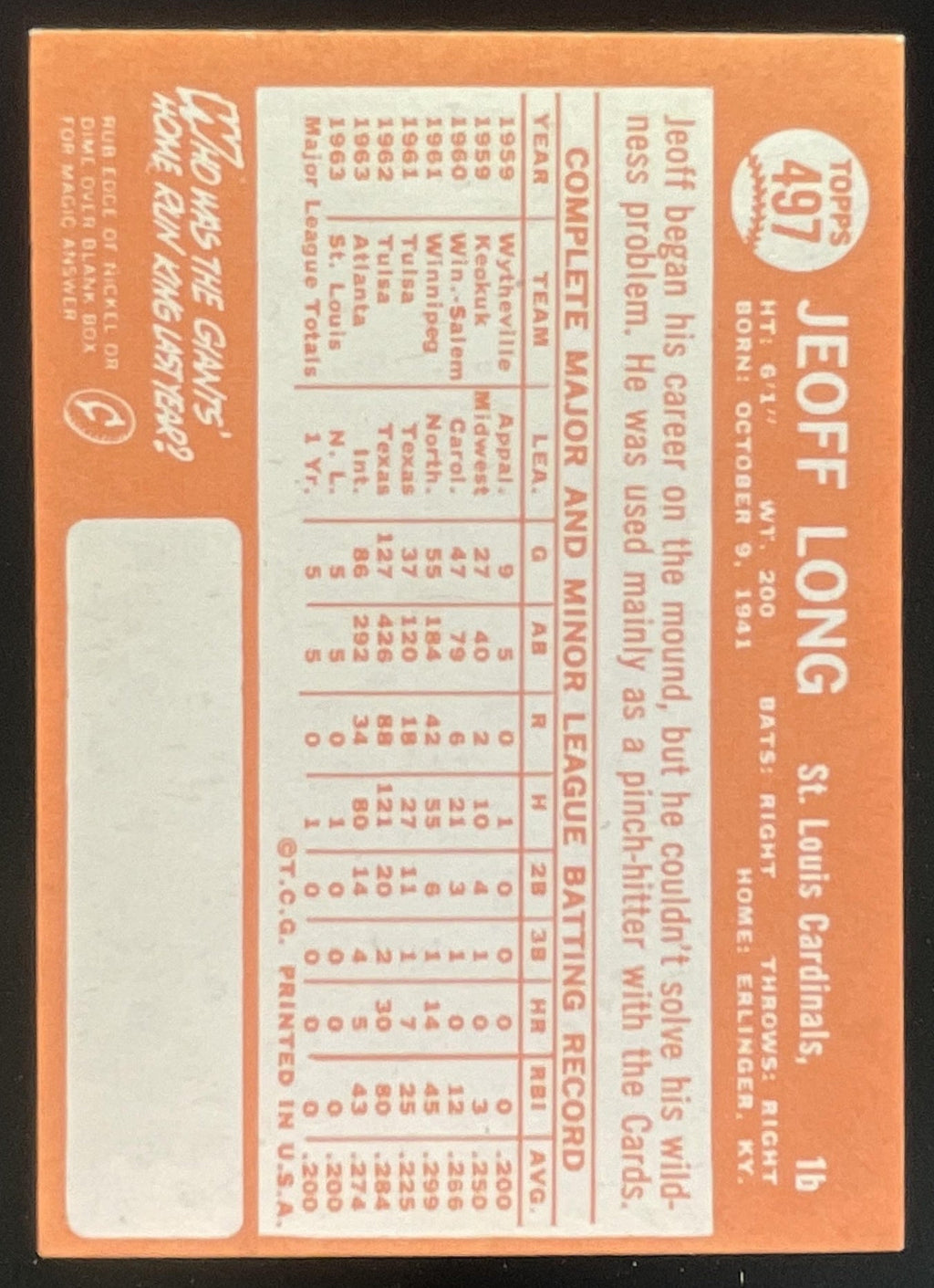 1964 Topps #497 Jeoff Long RC product image 2, provided for visual reference and product detail review