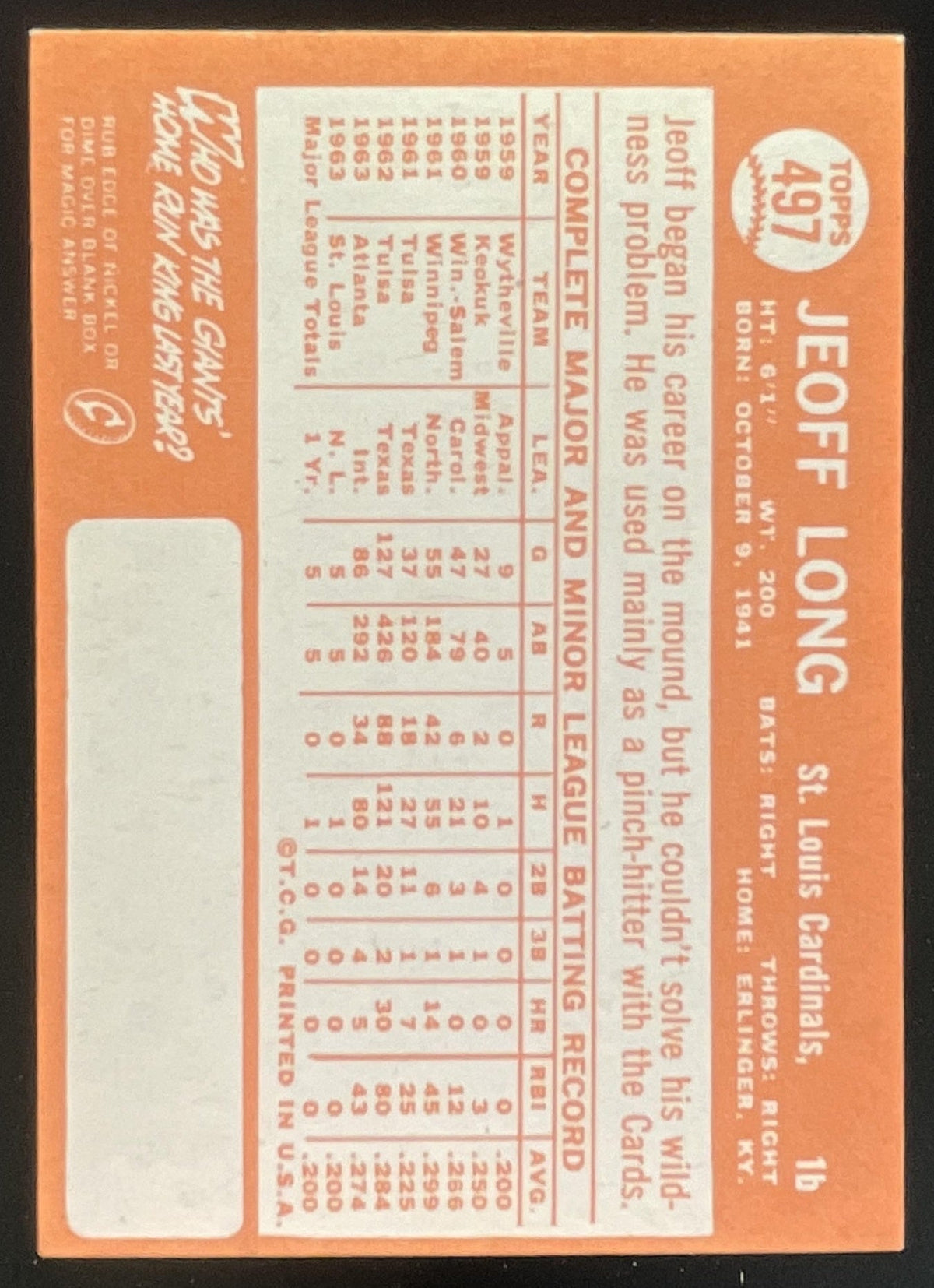 1964 Topps #497 Jeoff Long RC product image 2, provided for visual reference and product detail review