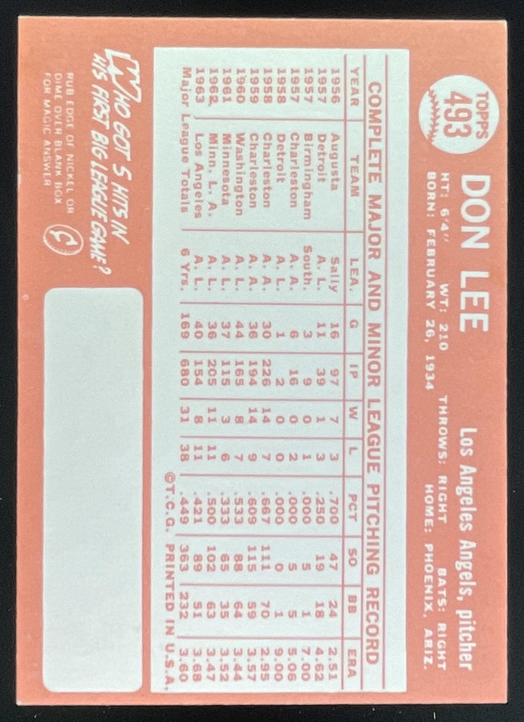 1964 Topps #493 Don Lee product image 2, provided for visual reference and product detail review