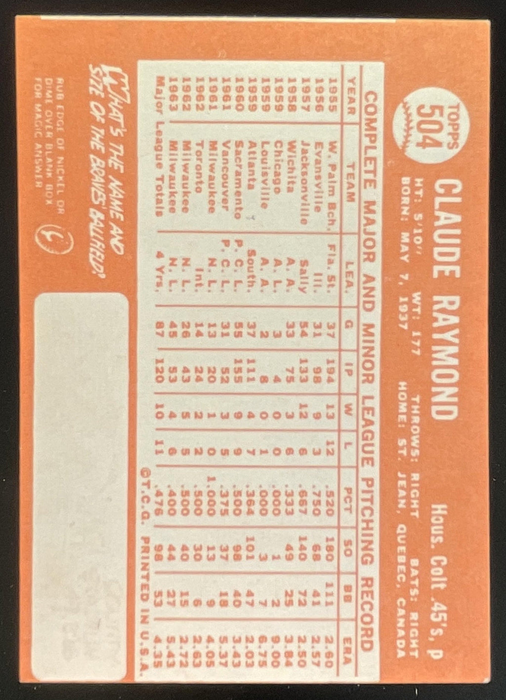 1964 Topps #504 Claude Raymond product image 2, provided for visual reference and product detail review