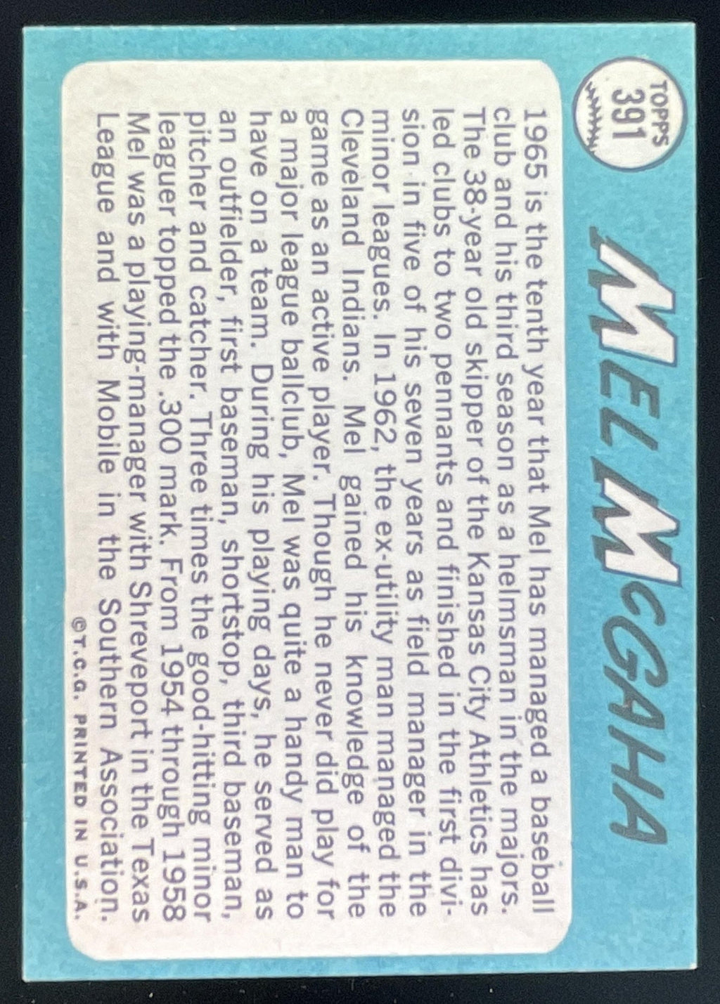 1965 Topps #391 Mel McGaha product image 2, provided for visual reference and product detail review