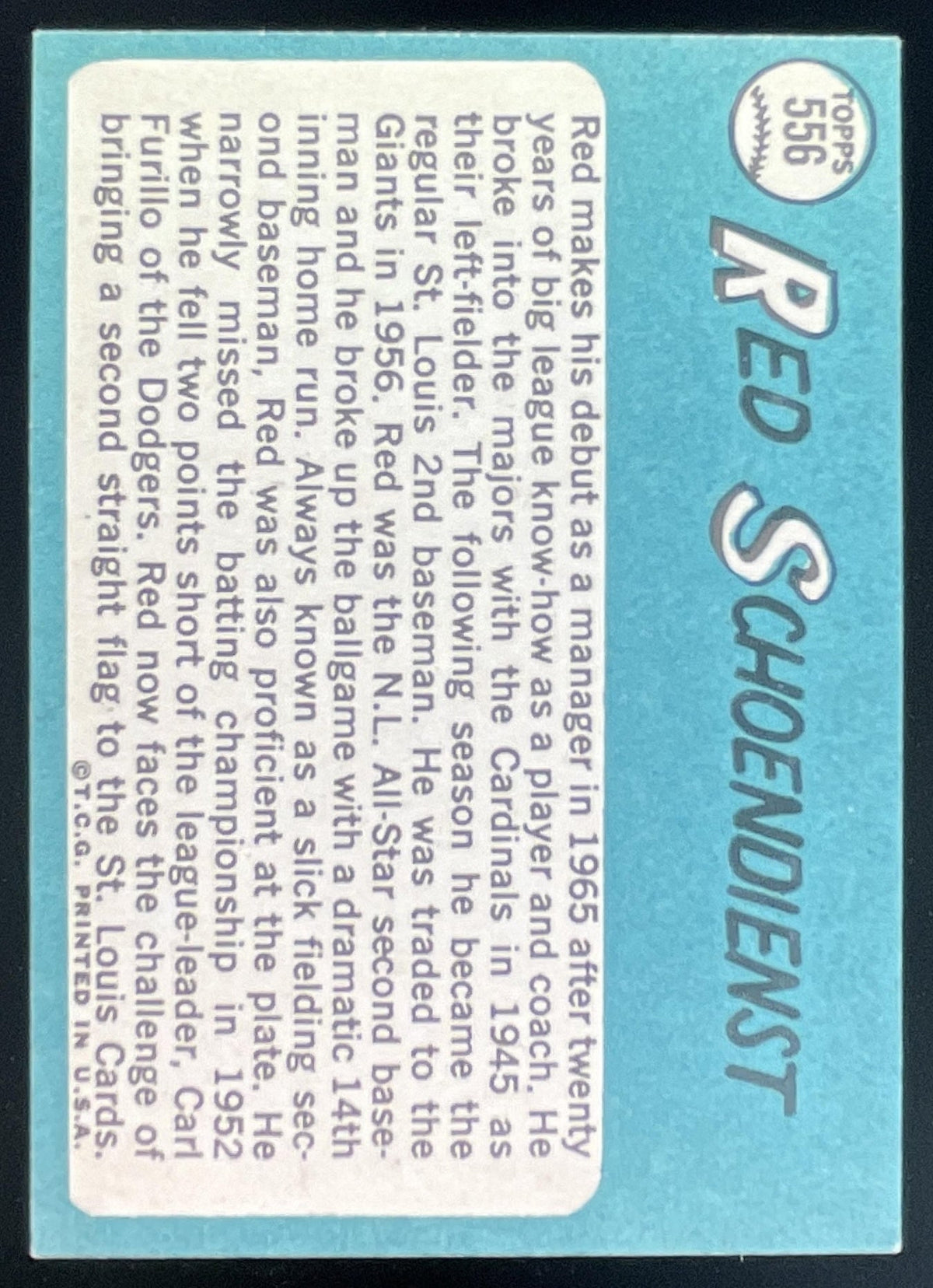 1965 Topps #556 Red Schoendienst product image 2, provided for visual reference and product detail review