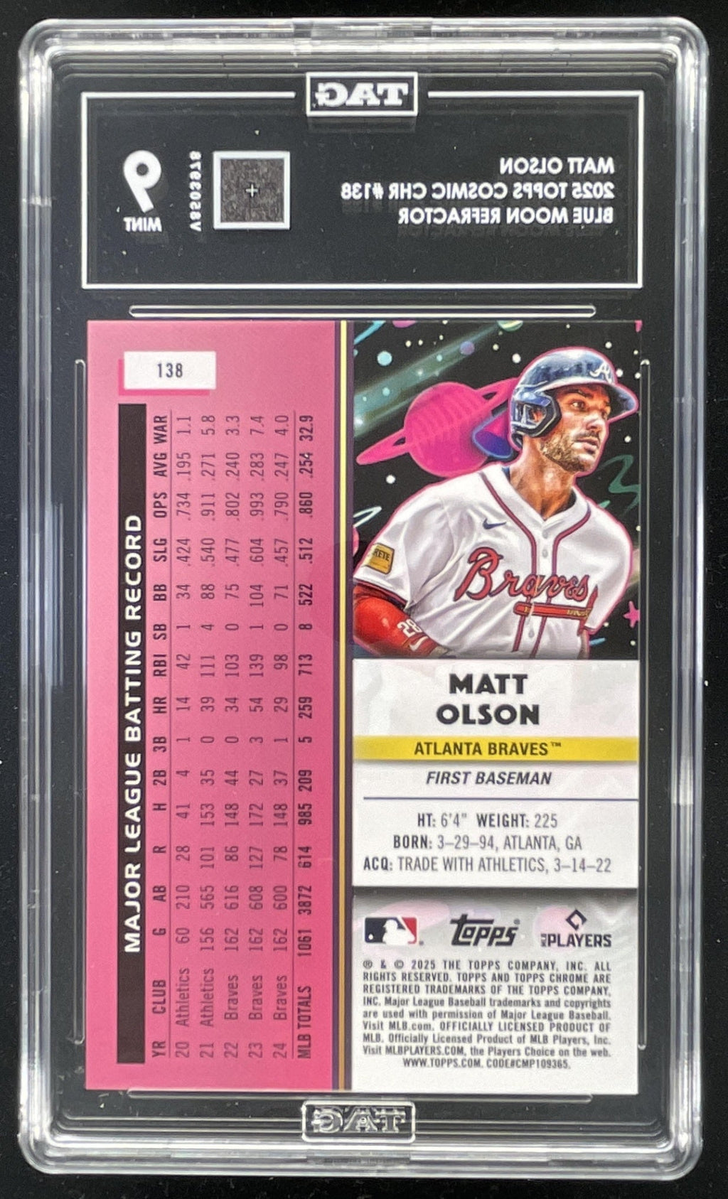 2025 Topps Cosmic Chrome Blue Moon Refractor #138 Matt Olson /99 TAG 9 product image 2, provided for visual reference and