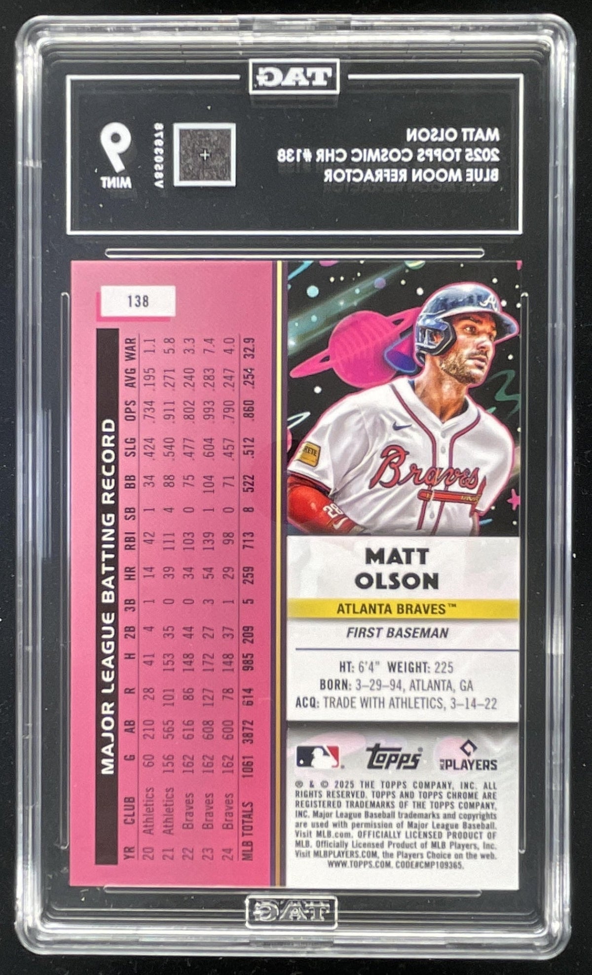 2025 Topps Cosmic Chrome Blue Moon Refractor #138 Matt Olson /99 TAG 9 product image 2, provided for visual reference and