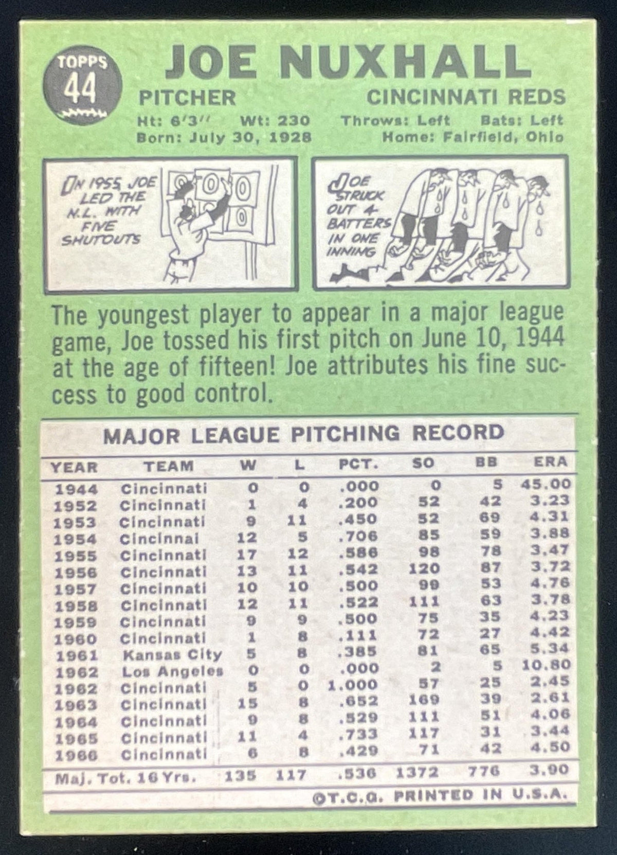 1967 Topps #44 Joe Nuxhall product image 2, provided for visual reference and product detail review
