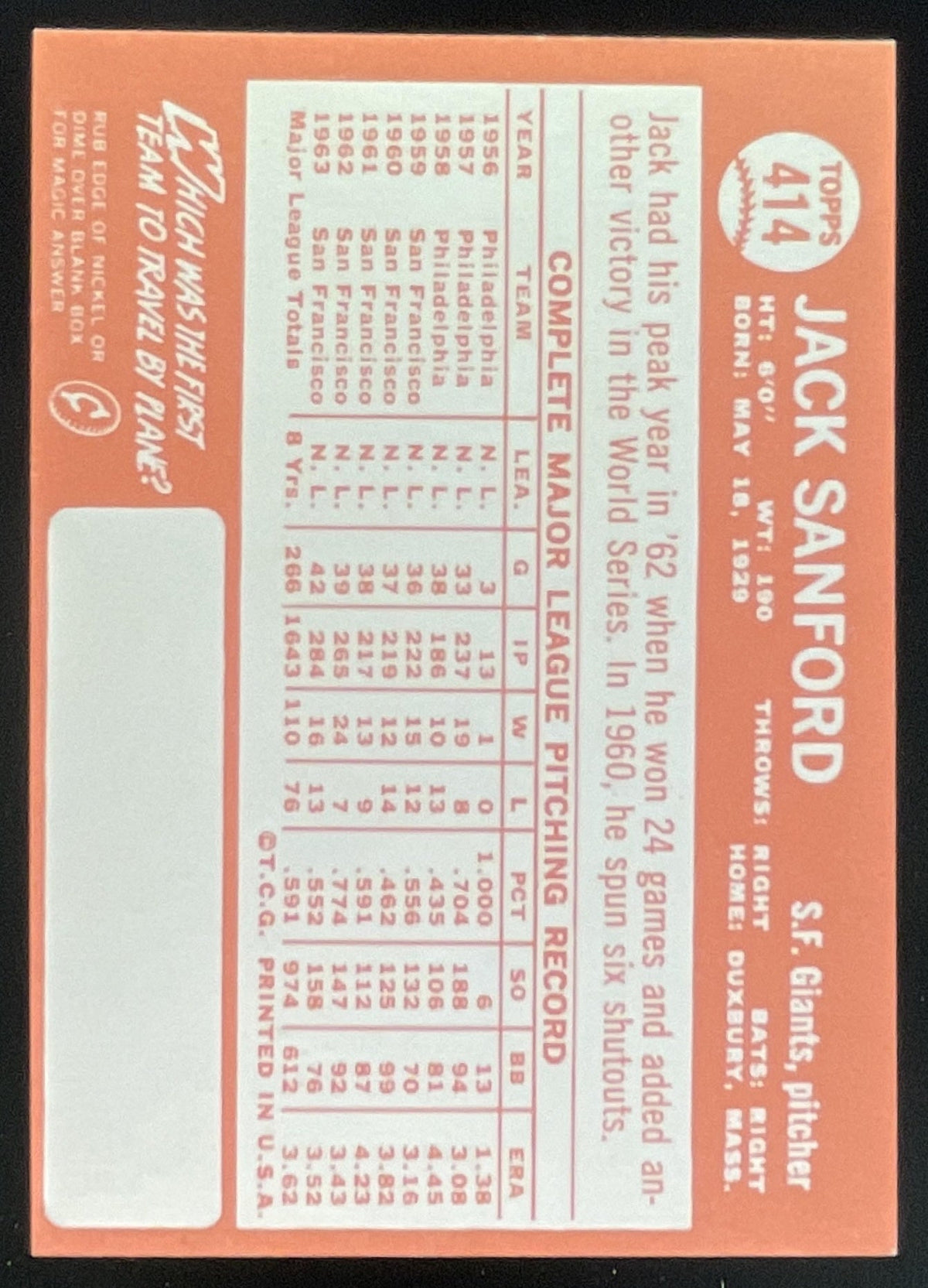 1964 Topps #414 Jack Sanford product image 2, provided for visual reference and product detail review