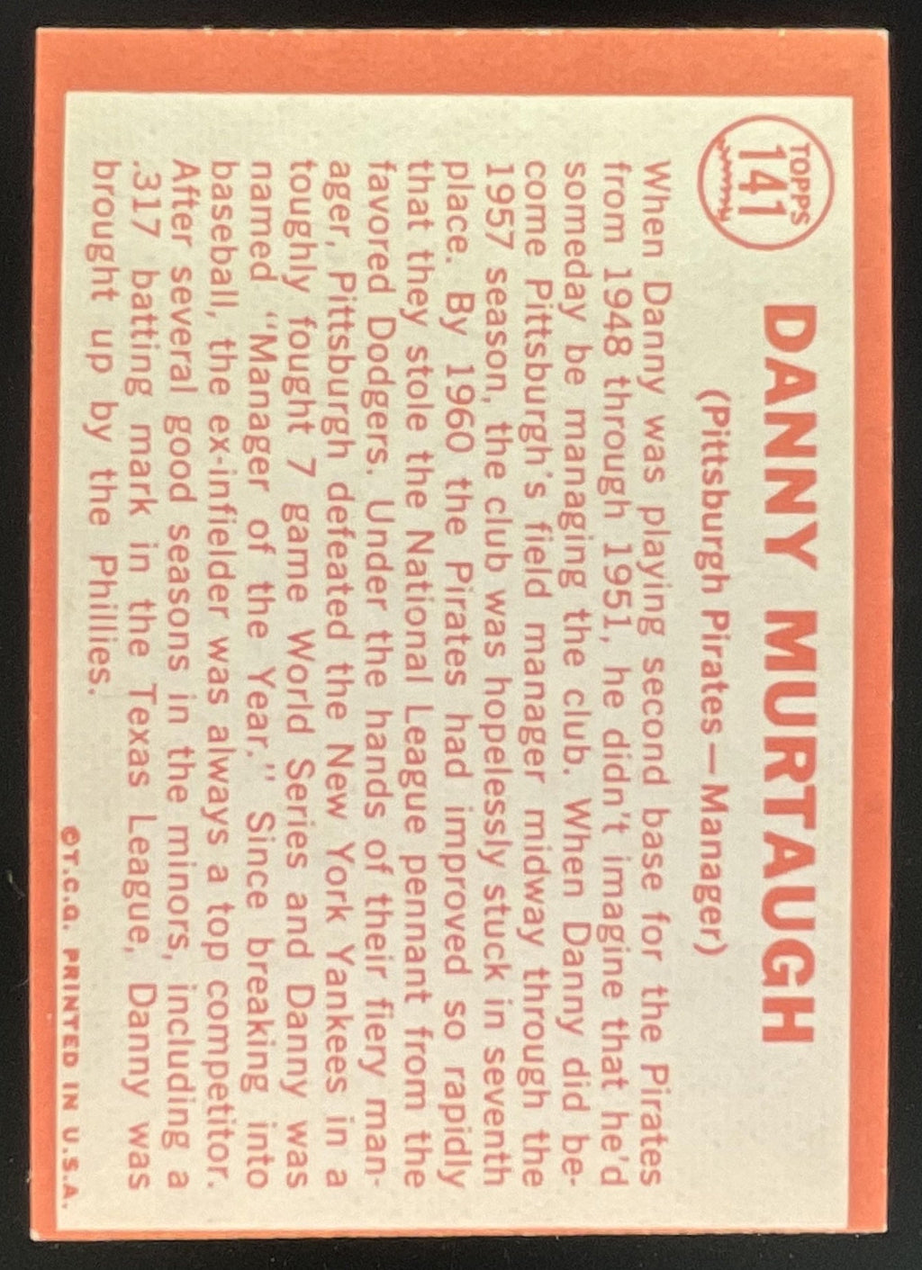1964 Topps #141 Danny Murtaugh product image 2, provided for visual reference and product detail review