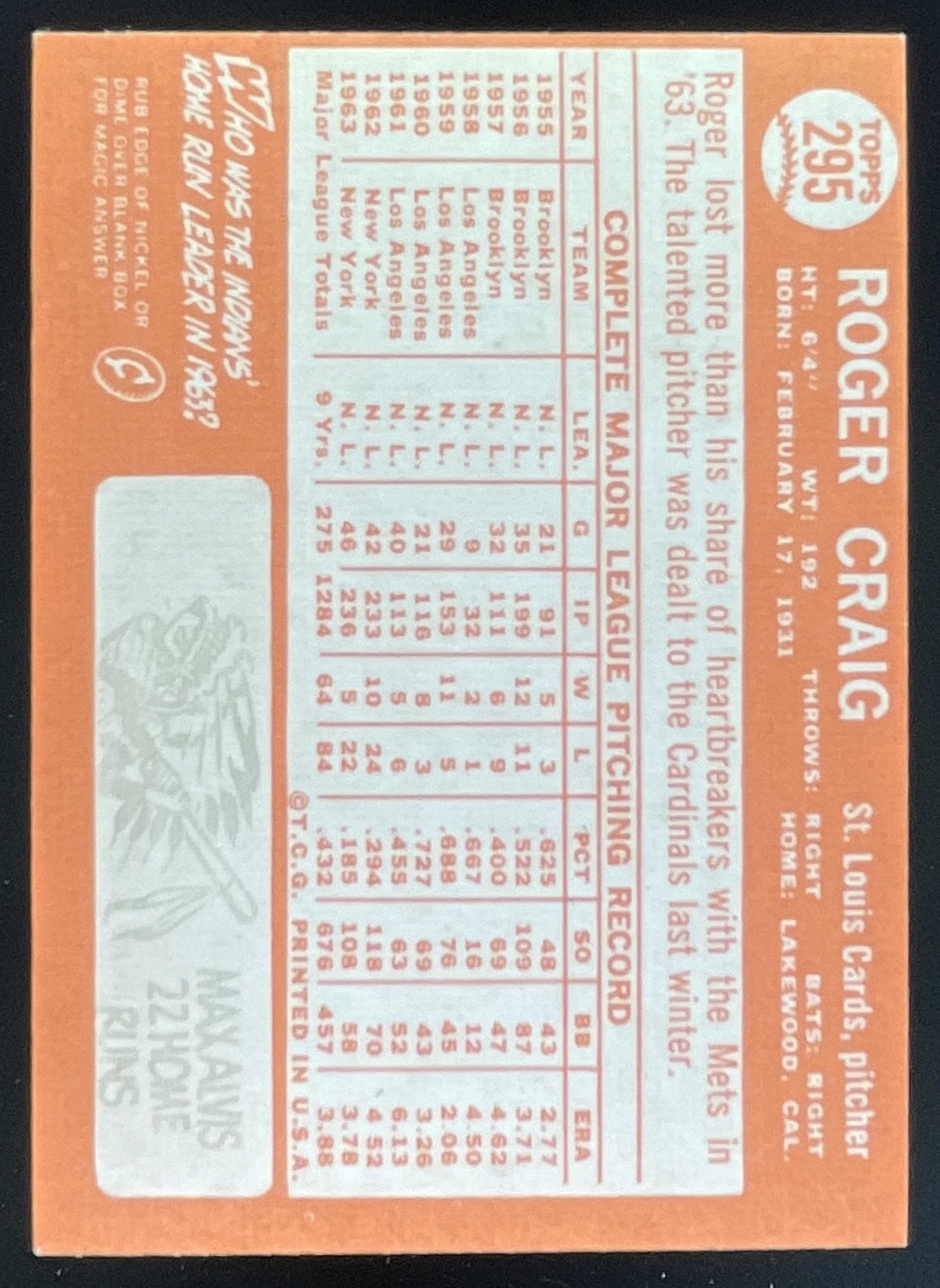 1964 Topps #295 Roger Craig product image 2, provided for visual reference and product detail review